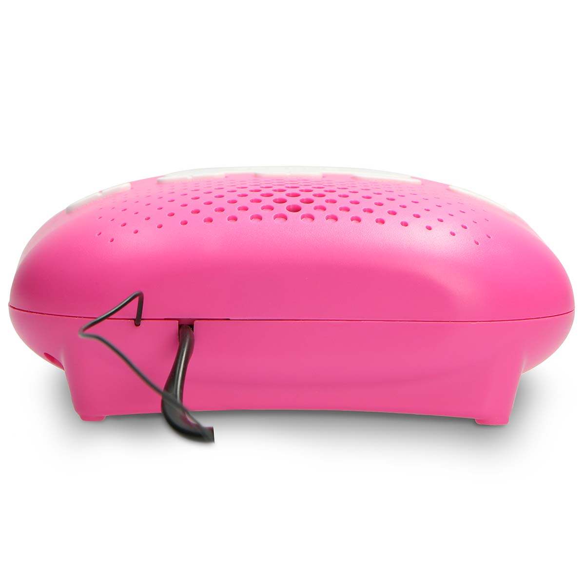 A pink speaker with a cable plugged into its side.
