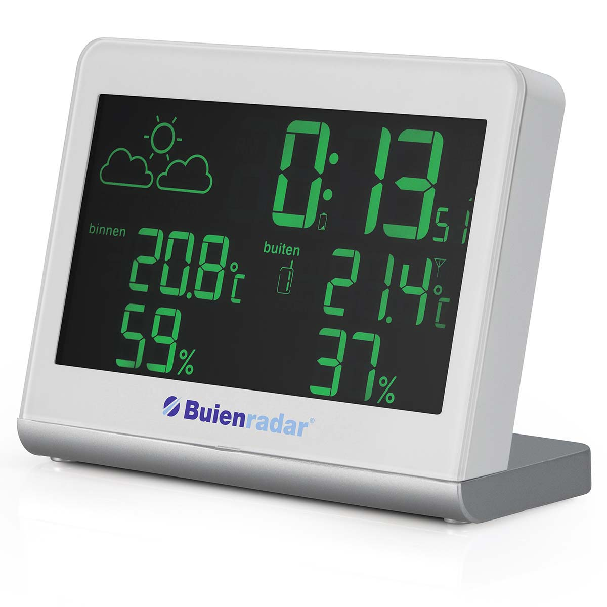 Digitaluhr mit Wetteranzeige: Innen 20.8C, 59%. Außen 21.4C, 37%.