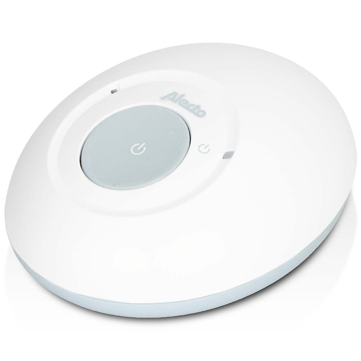 A white, oval device with a gray button and the Alecto brand name.