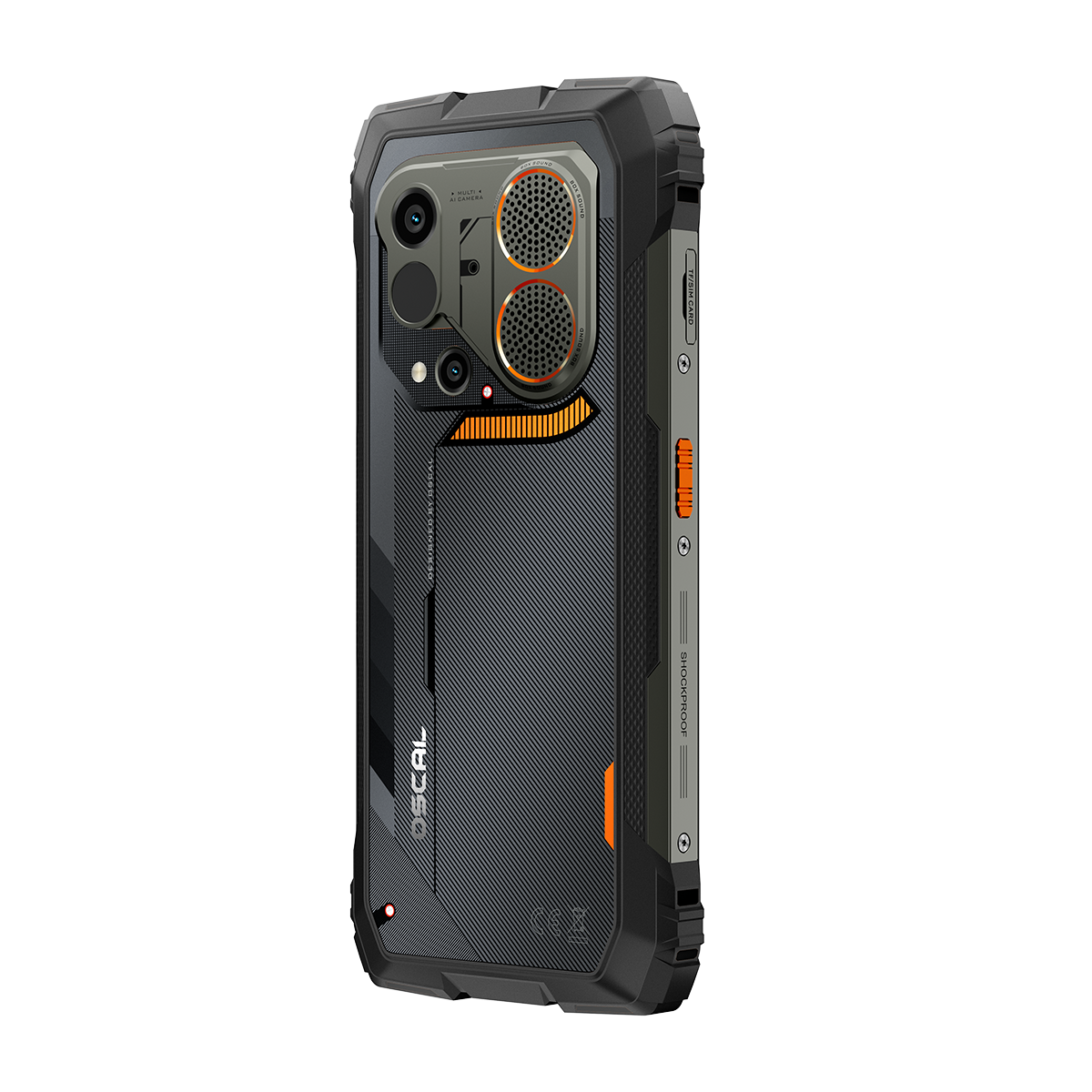 Robuuste smartphone met zwarte behuizing, oranje accenten en drie camera's.