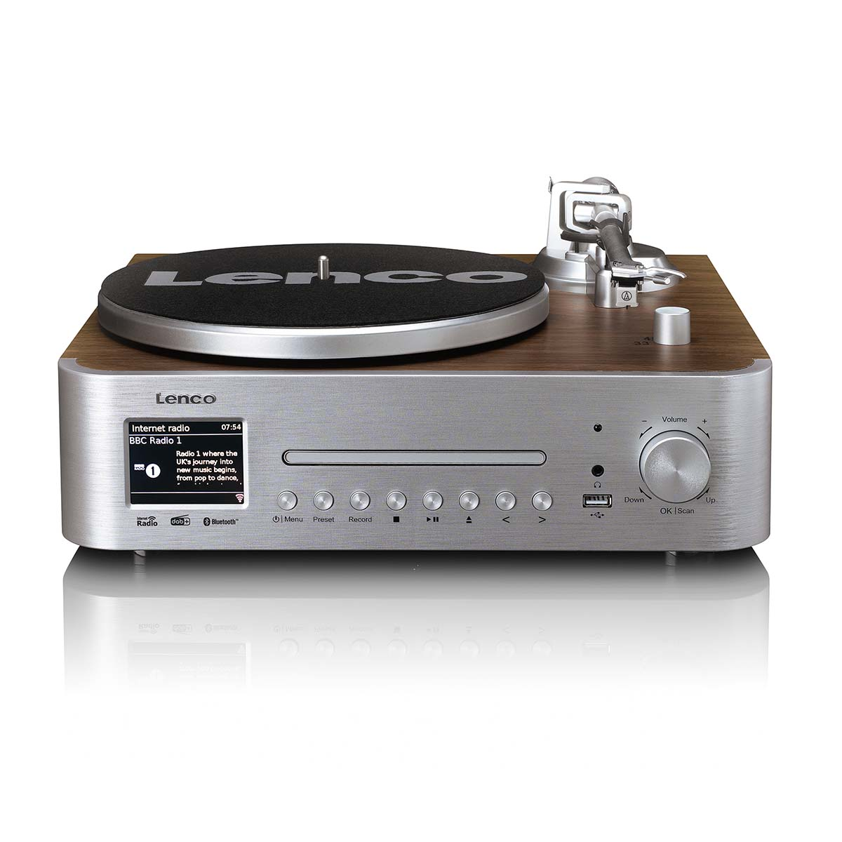Un giradischi Lenco con slot CD e display in finitura argento e legno.