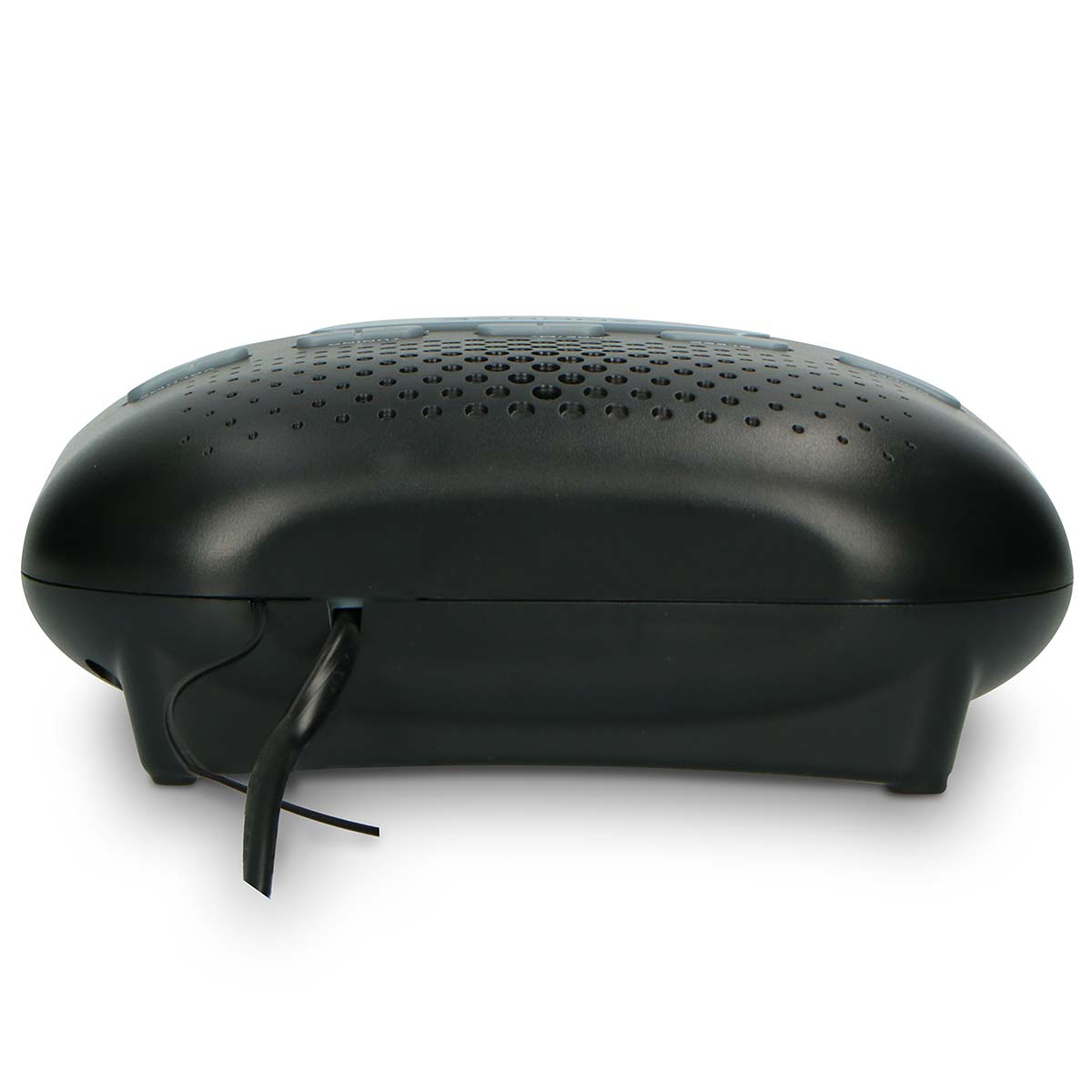 A black, oval-shaped speaker with a plugged-in cable on a white background.