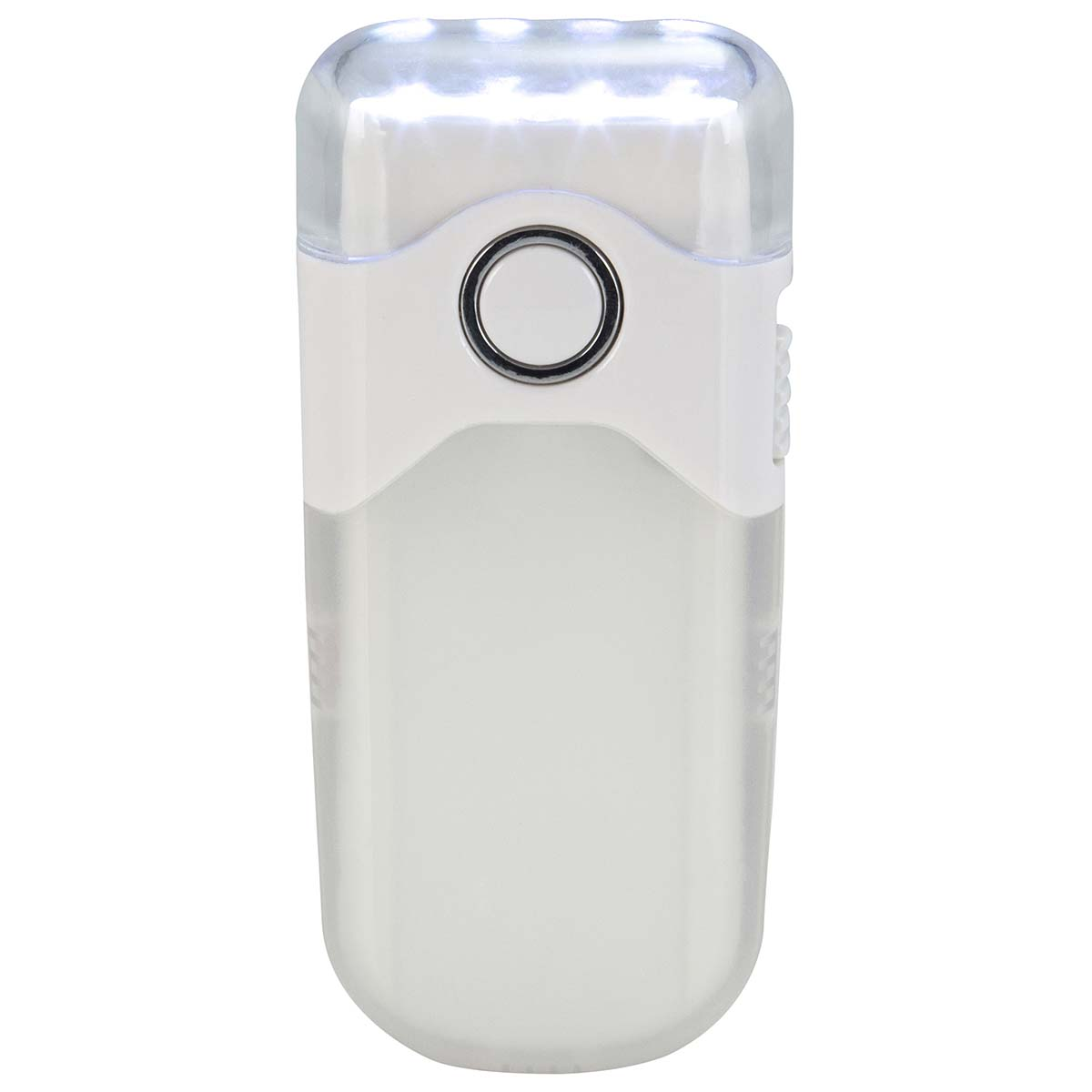 A white, rectangular night light with a clear top showing LEDs and a central button.