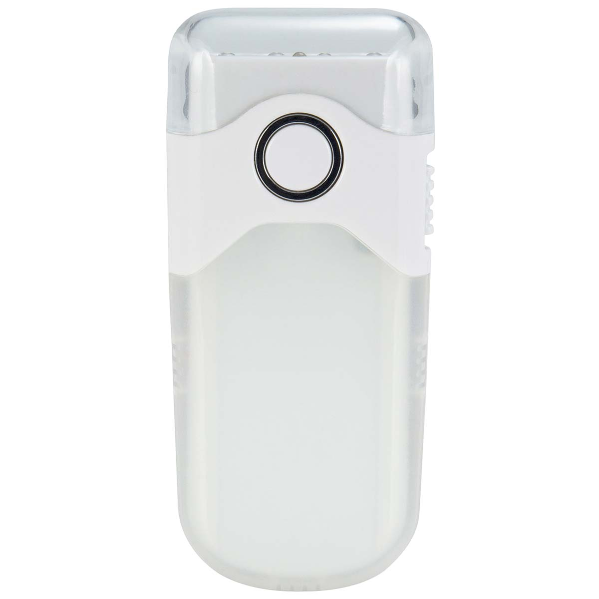 A white night light with a black circle around a button.