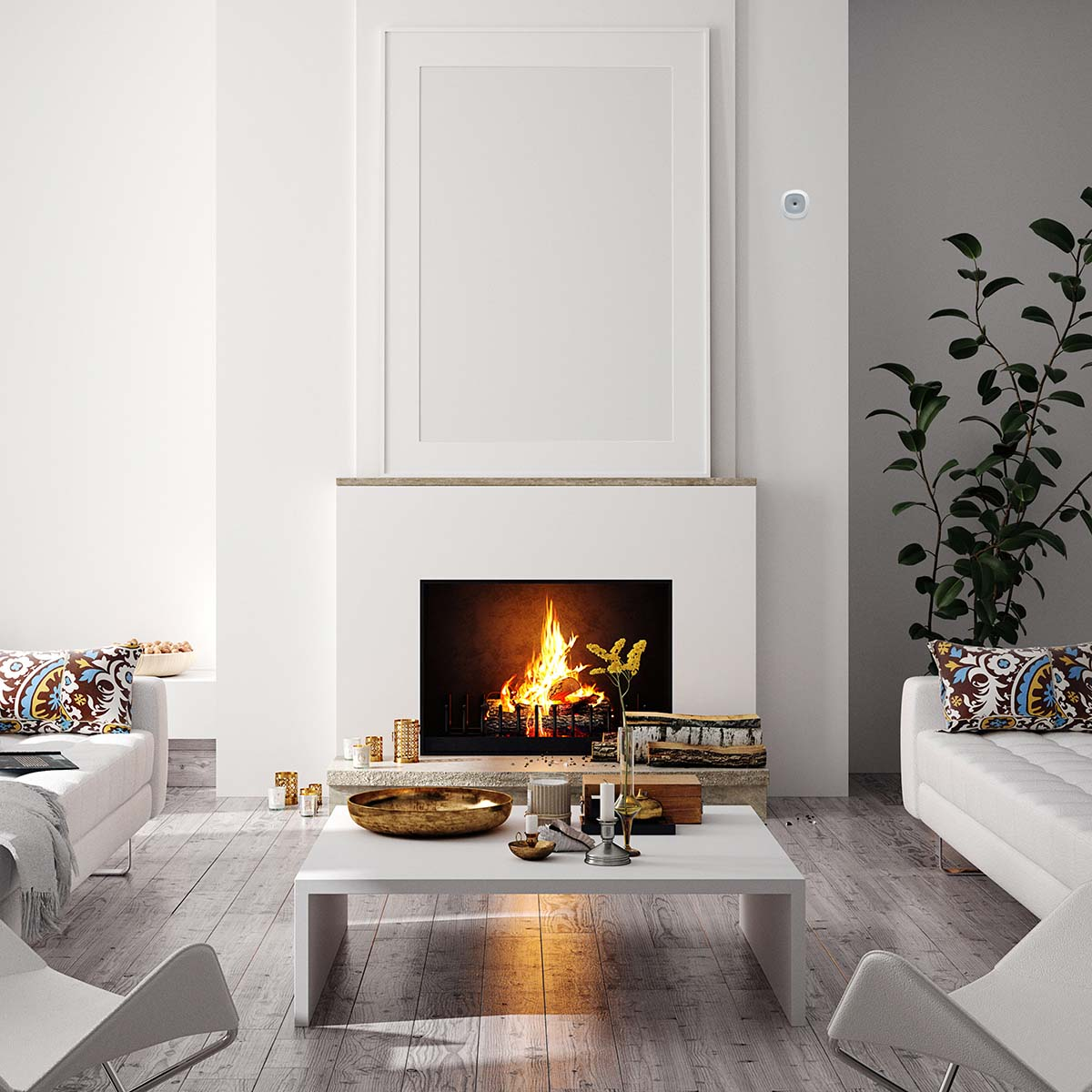 Ein modernes Wohnzimmer mit Kamin, zwei Sofas, einem Couchtisch und Holzboden.