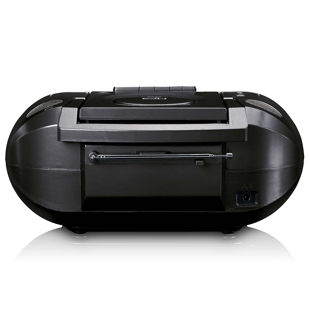 Schwarzer tragbarer CD-Player mit Radio und ausklappbarer Antenne.