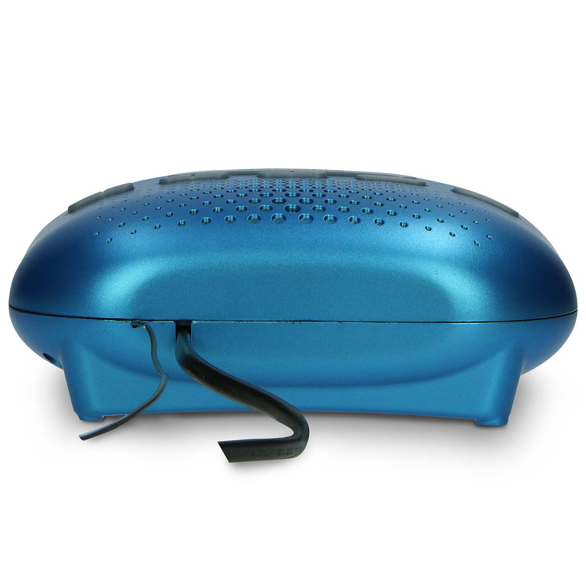 A blue speaker device with a black cable exiting from its side.