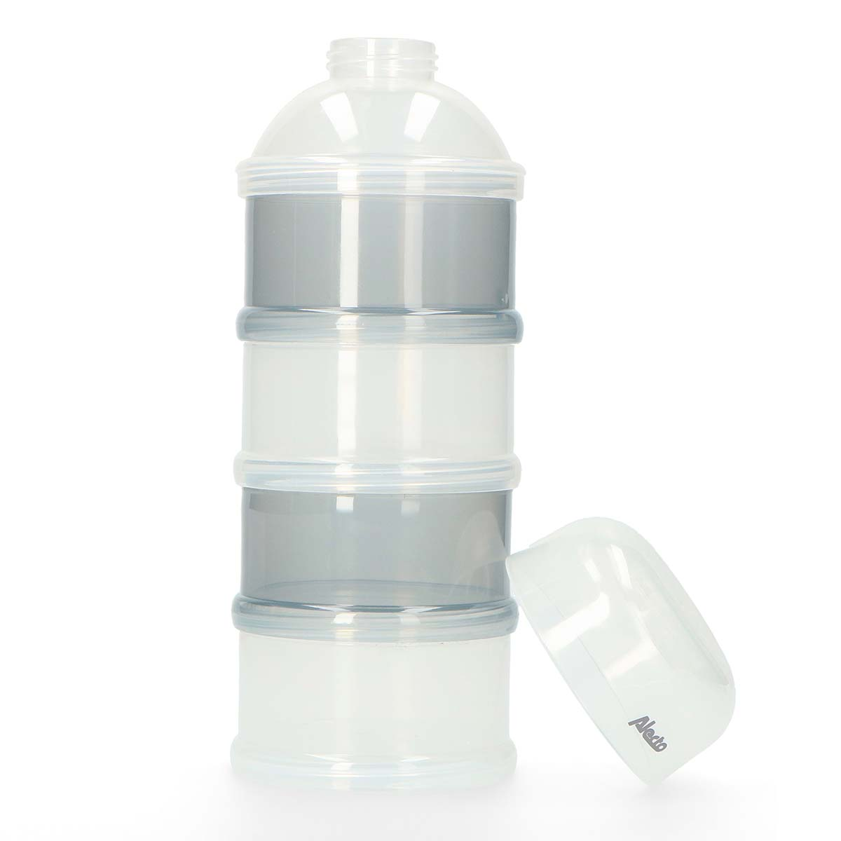 A white container with three layers, one gray and two white, with a lid beside it.