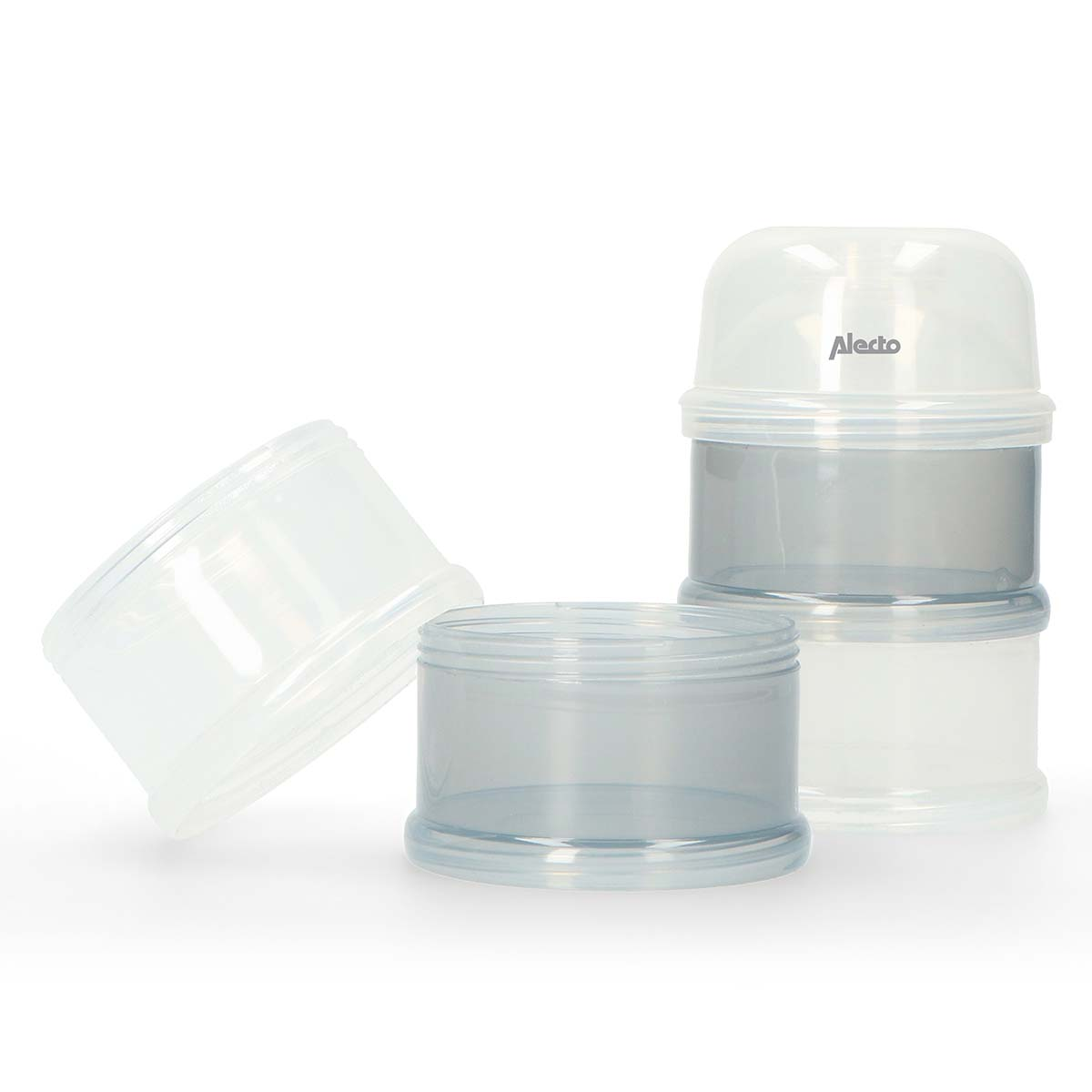 Three clear containers with gray and white inserts; an Alecto logo is visible.