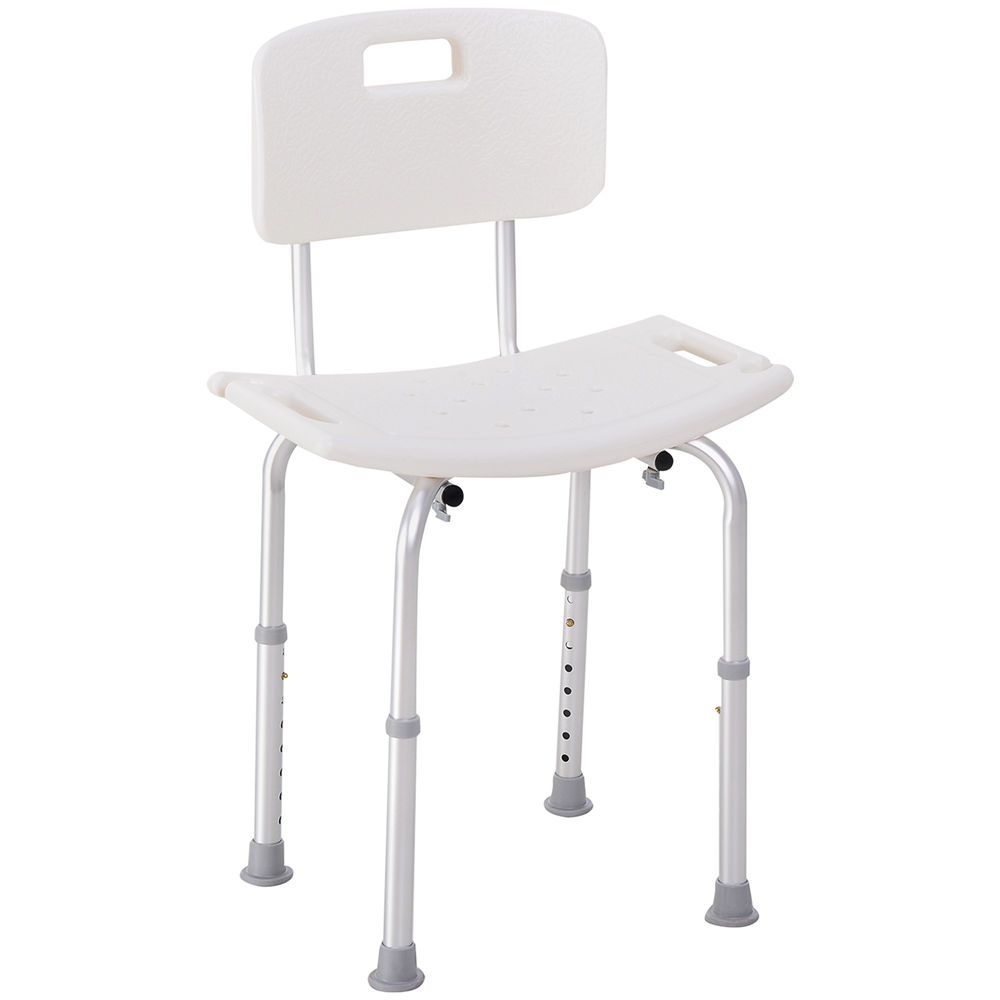 Silla de ducha blanca con respaldo y patas ajustables sobre fondo blanco.