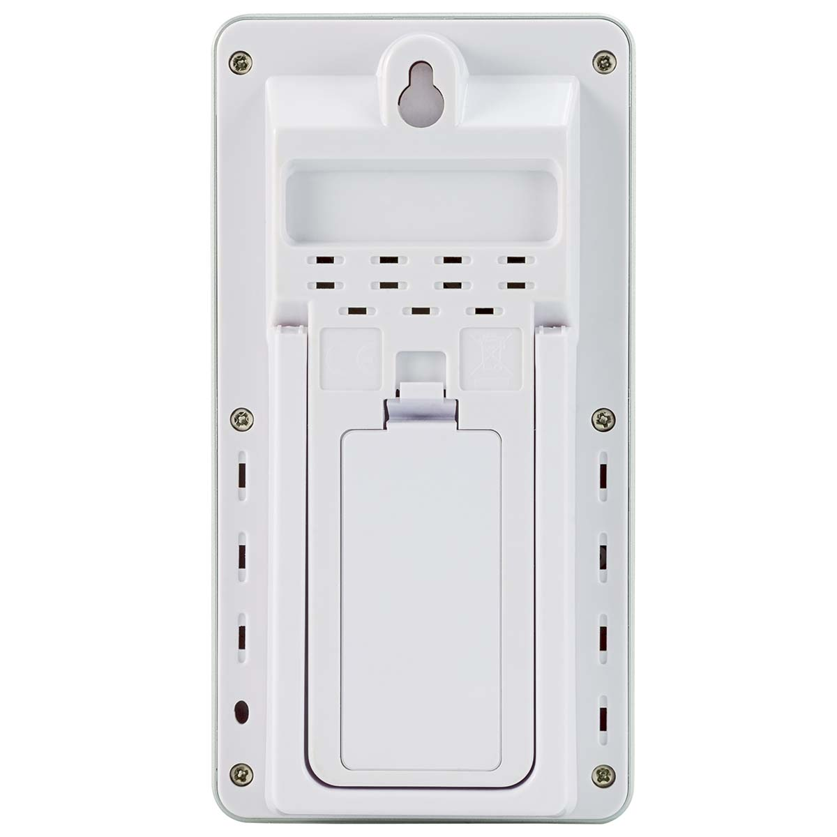 Vista posteriore di un termometro digitale bianco con vano batteria e fessura per appenderlo.