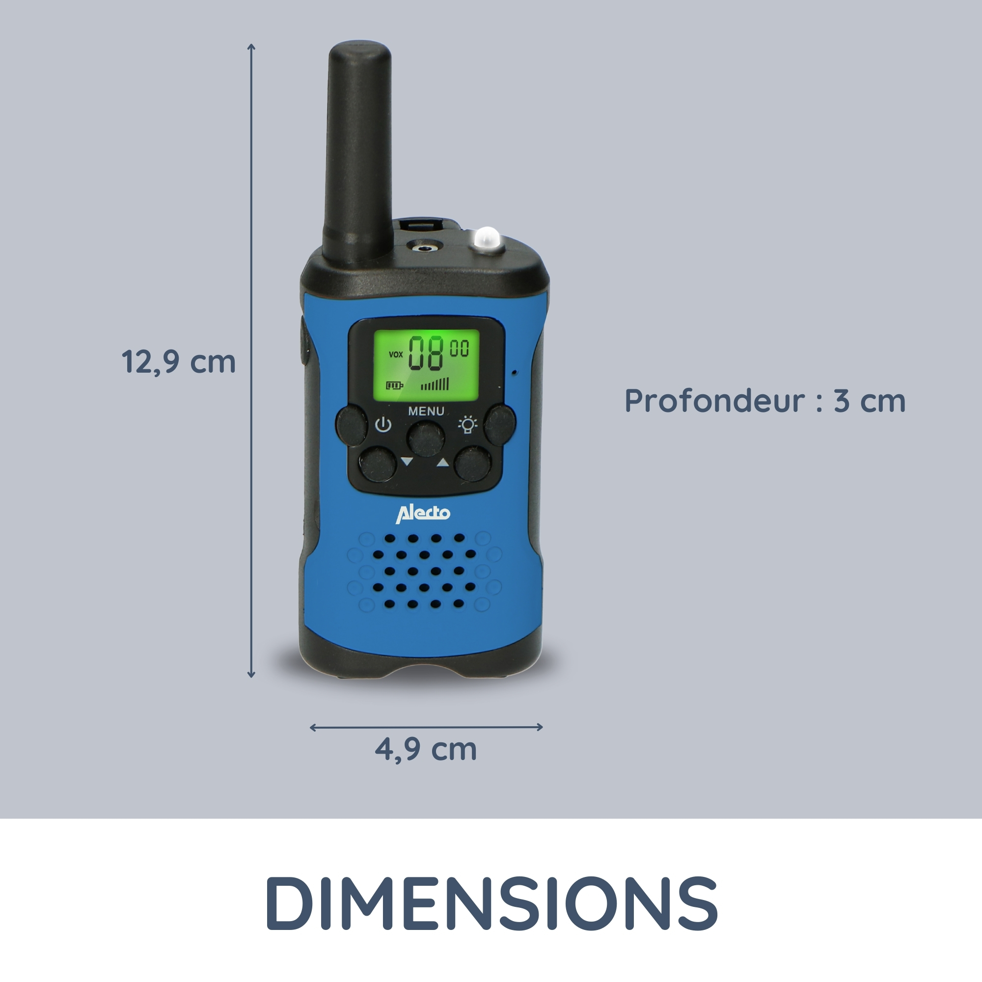 Blue walkie-talkie with dimensions: height 12.9 cm, width 4.9 cm, depth 3 cm.