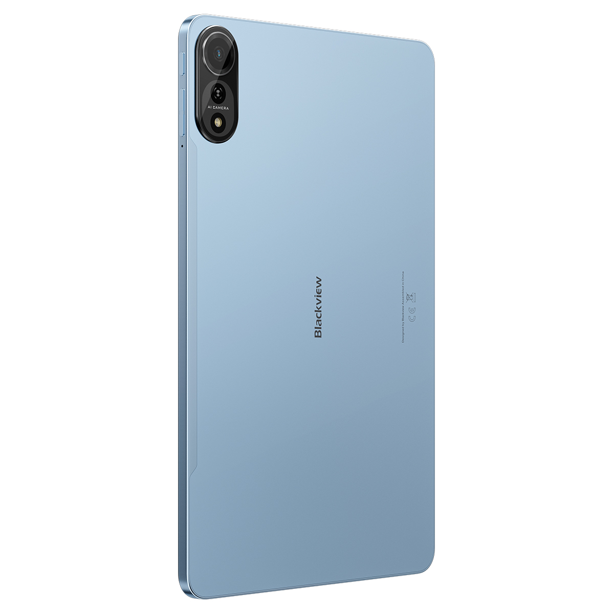 Achterkant van een lichtblauwe tablet met zwarte cameramodule en 'Blackview'-logo.