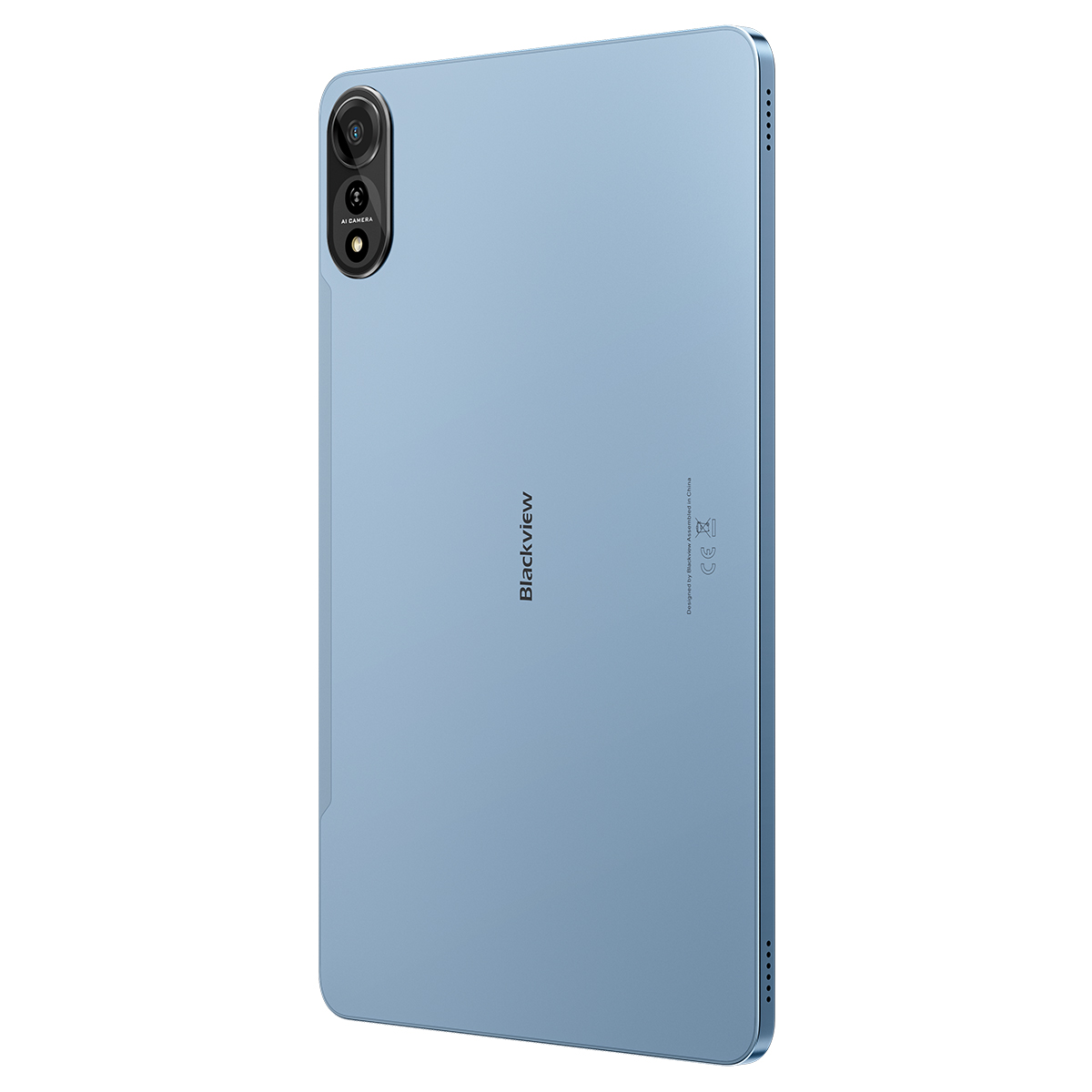 Een lichtblauwe tablet met een camera-array en Blackview-logo op de achterkant.