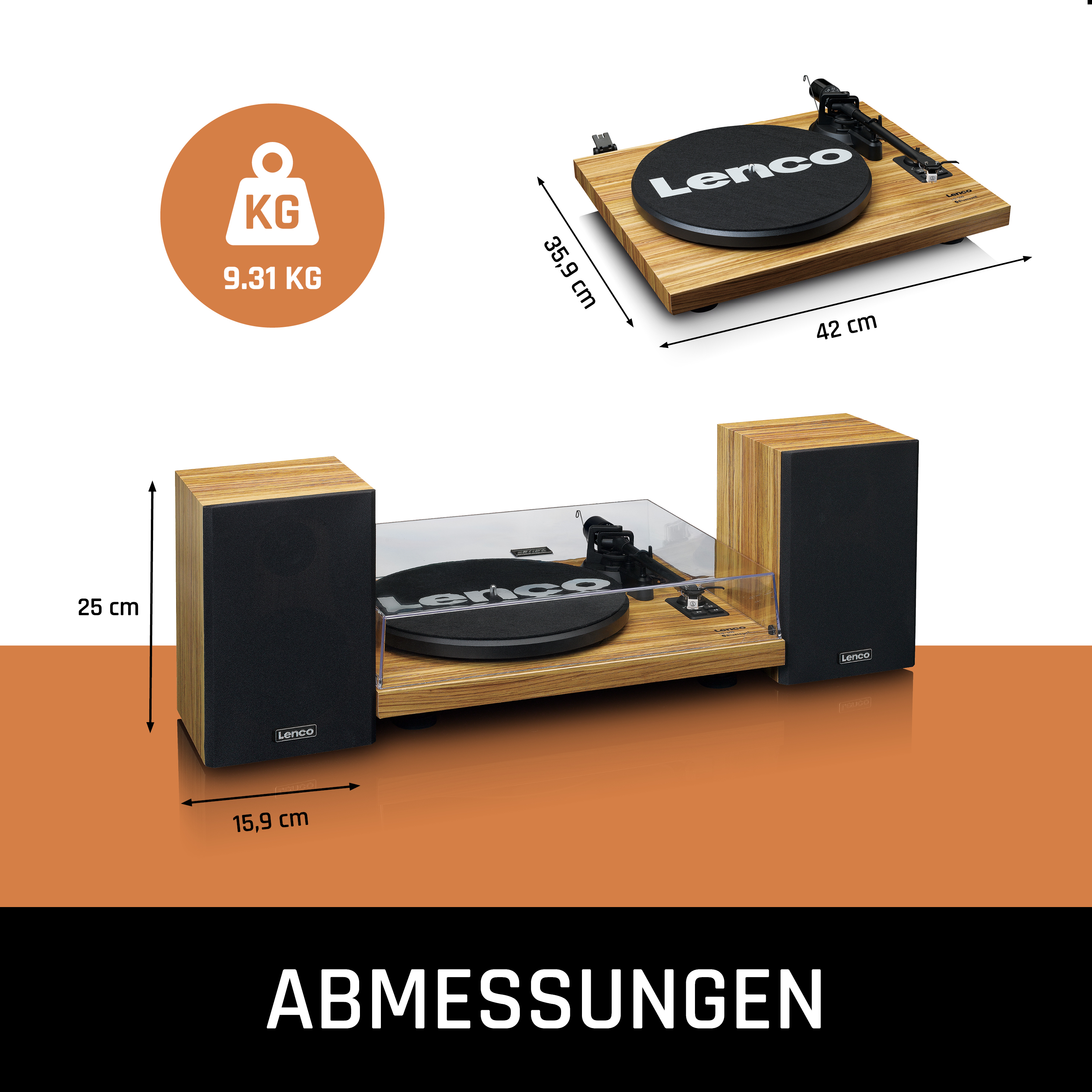 Gramofon z dwoma głośnikami, pokazano wymiary i wagę.