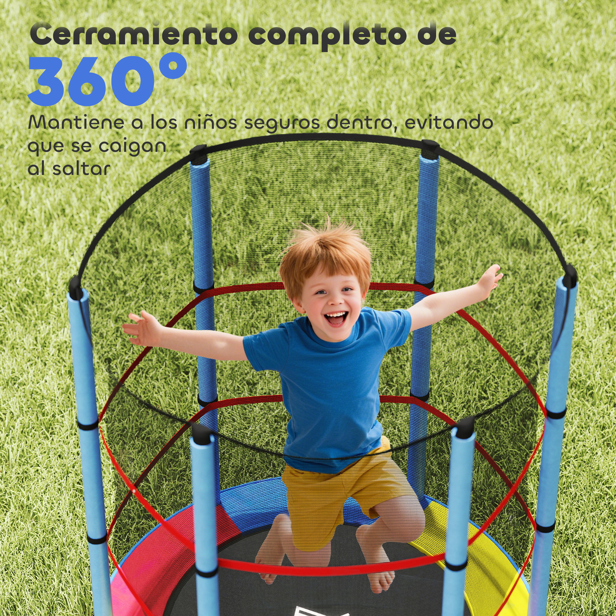 Un niño salta en un trampolín con red de seguridad sobre césped.