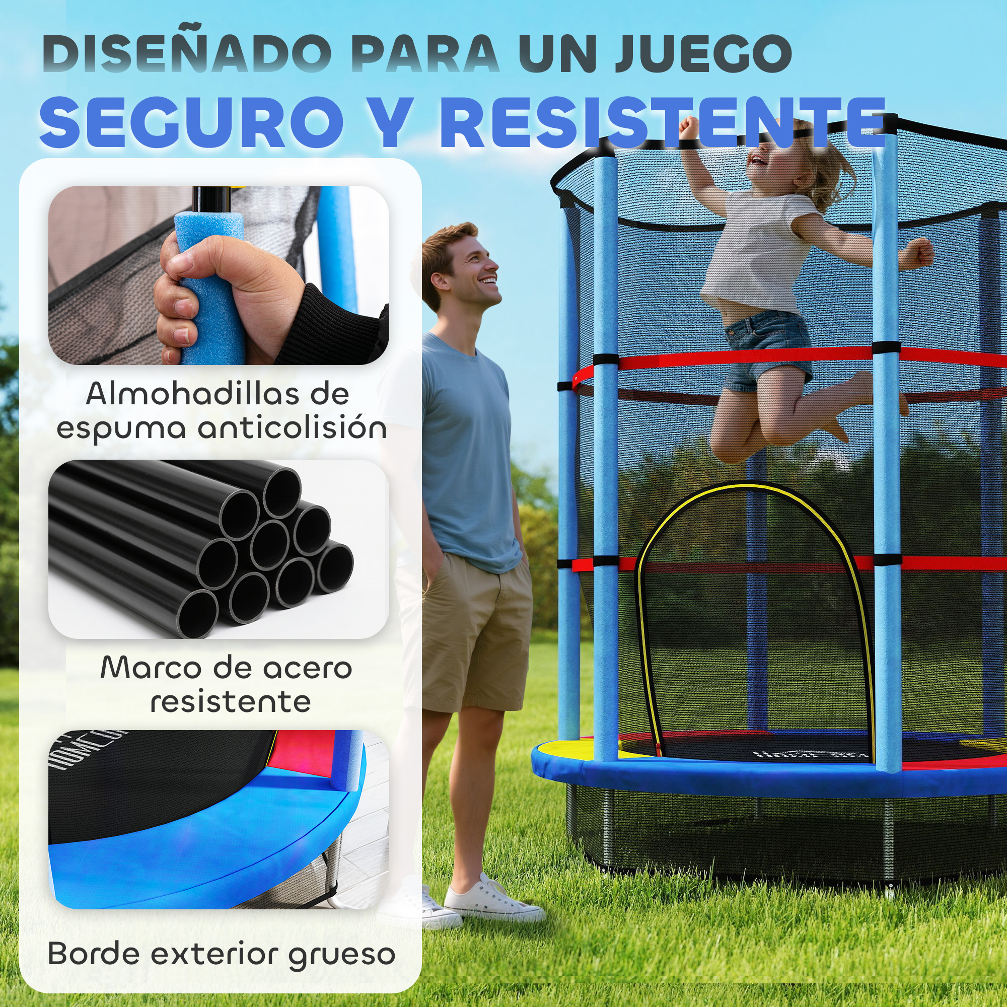 Un hombre observa a un niño saltar en un trampolín. Se muestran detalles del trampolín.