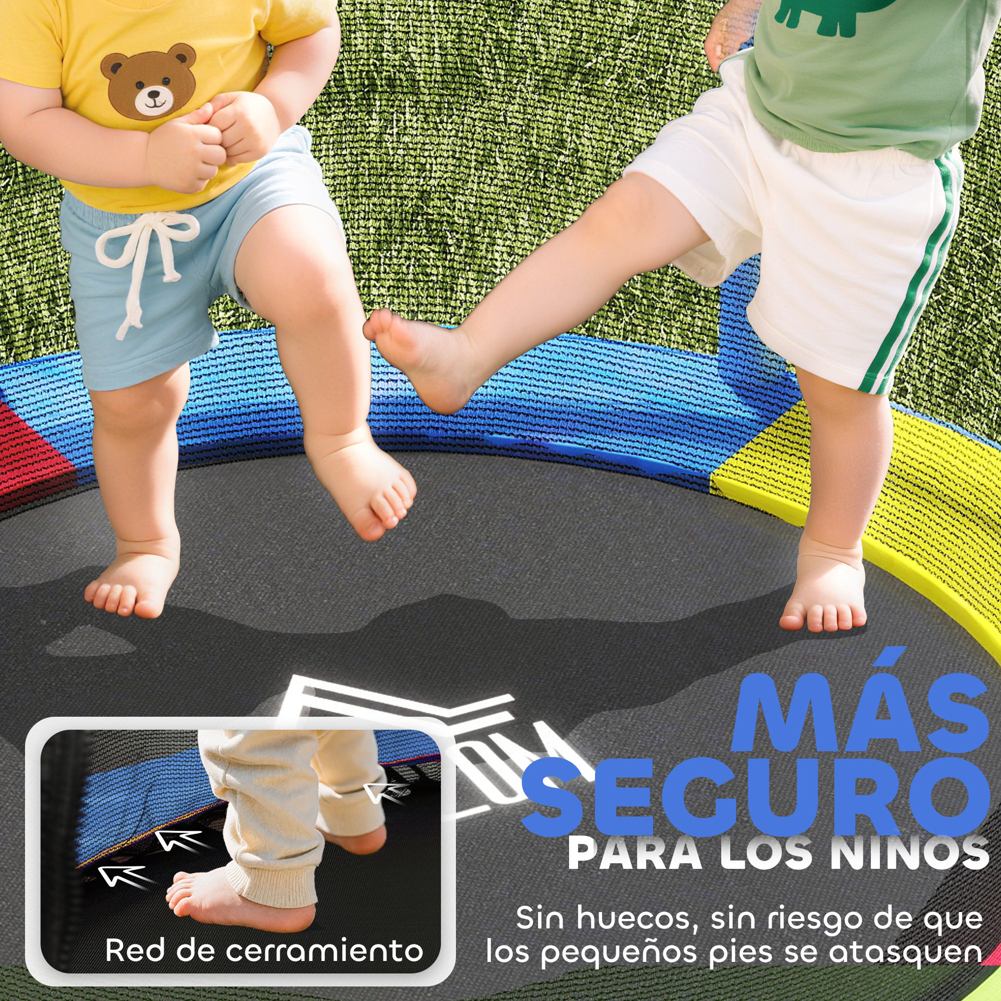Dos bebés saltando en un trampolín. Resortes amarillos y azules, bordes verdes y rojos.