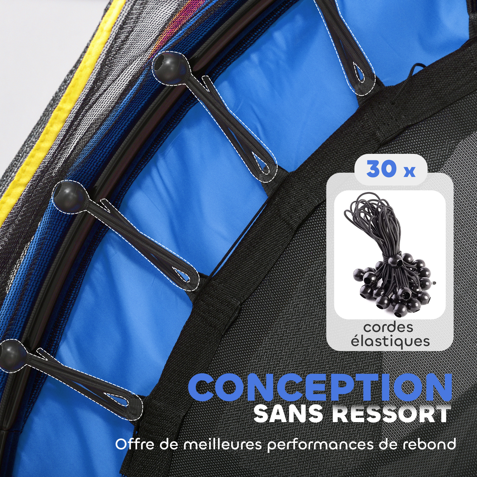 Trampolín con 30 cuerdas elásticas en lugar de resortes, lona azul.