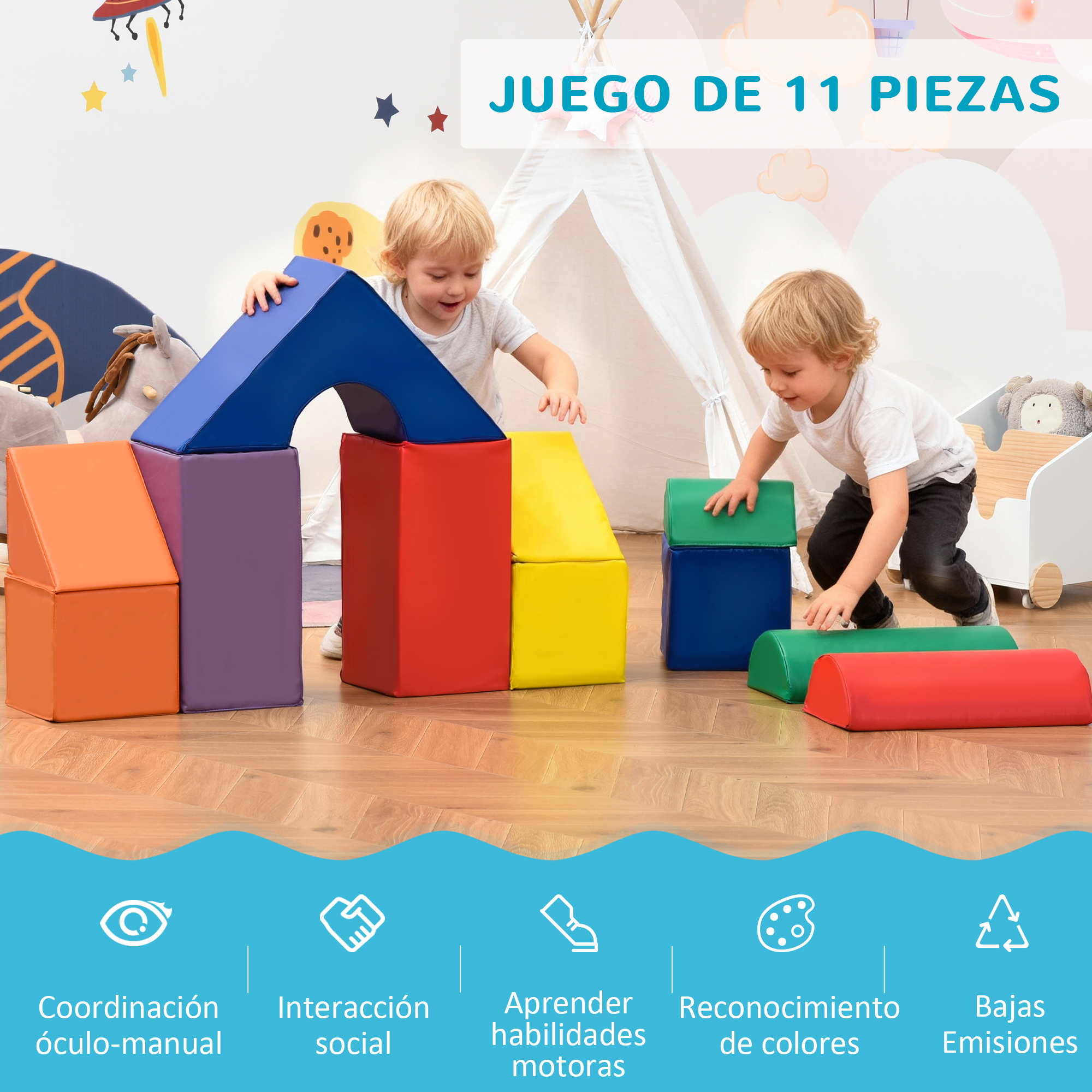 Dos niños pequeños juegan con bloques de construcción coloridos en una sala de juegos.