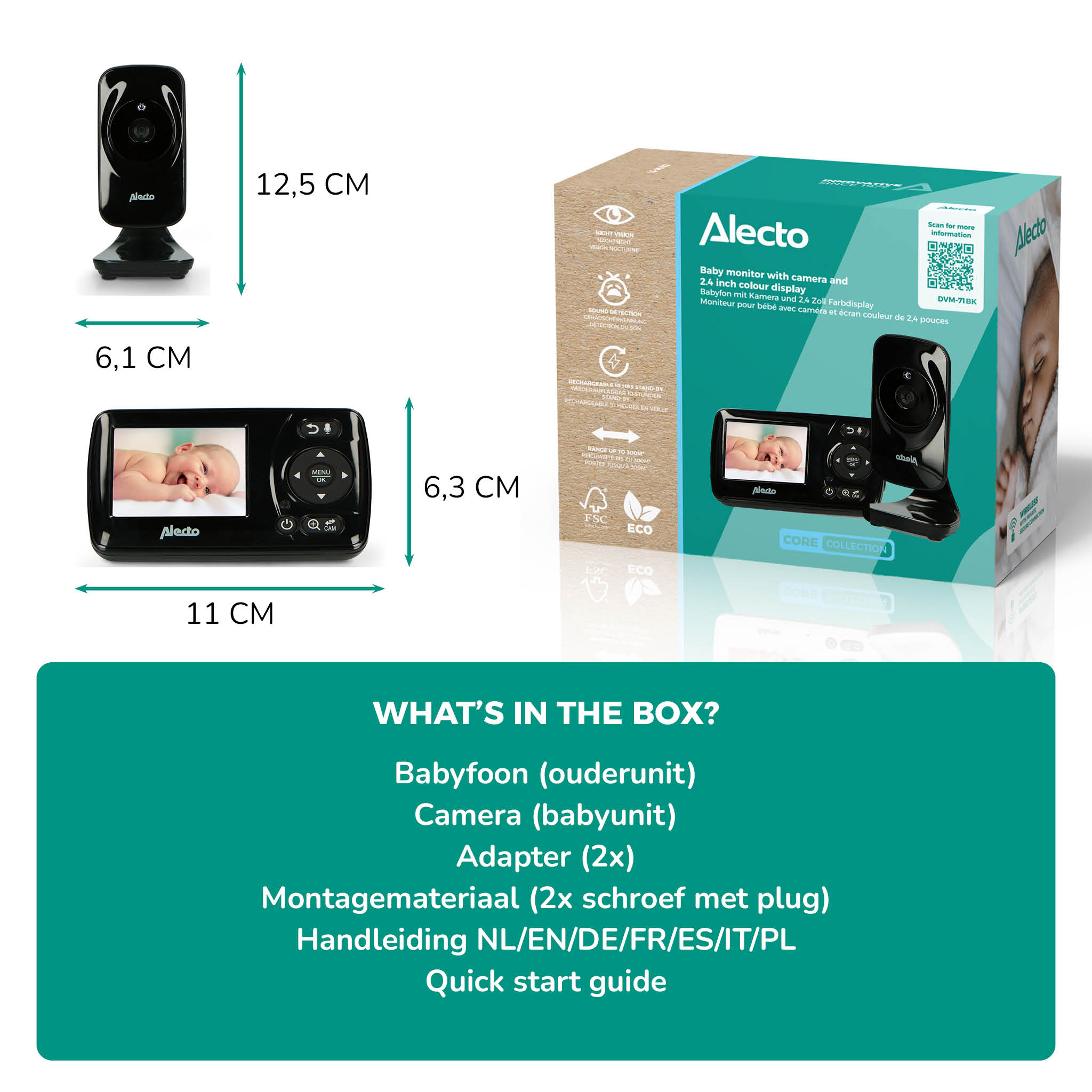 Niania elektroniczna z kamerą i jednostką rodzicielską, wymiary i produkt na pudełku.
