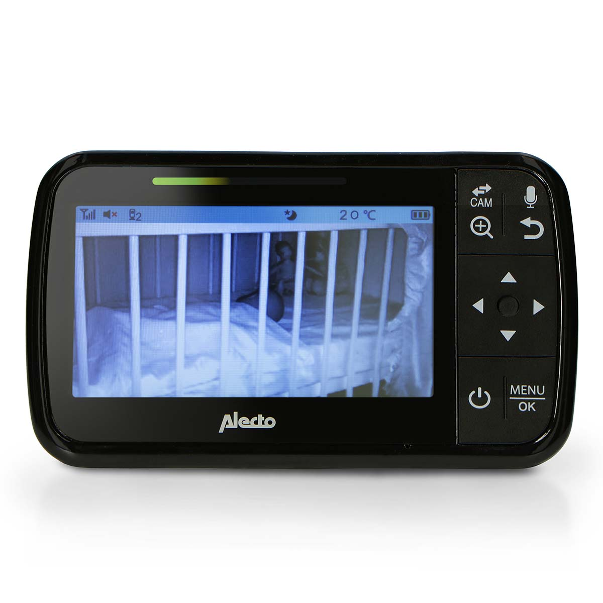 A baby monitor screen shows a crib at 20°C. The device has control buttons.