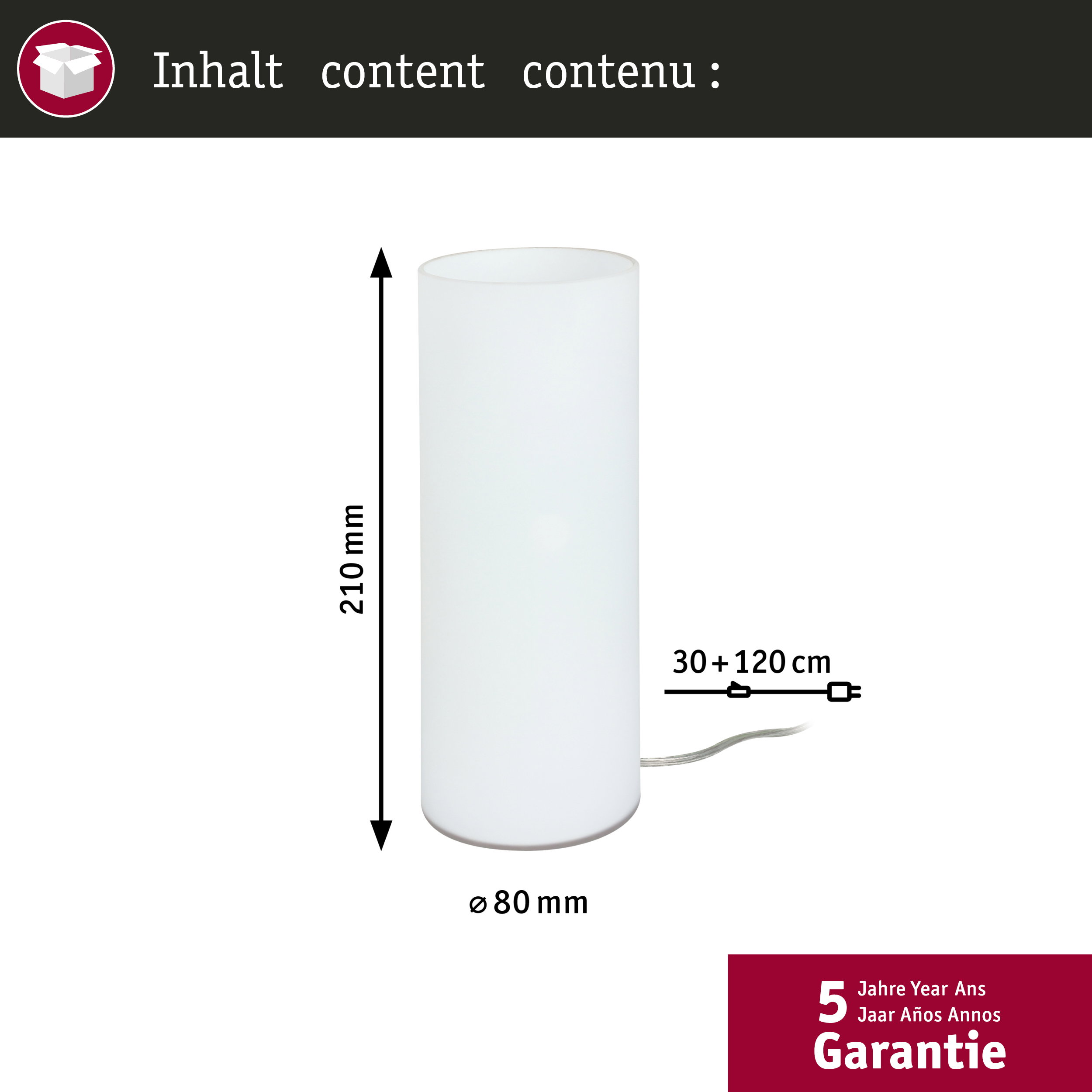 Biała lampa cylindryczna, wys. 210 mm, średn. 80 mm. Z kablem.