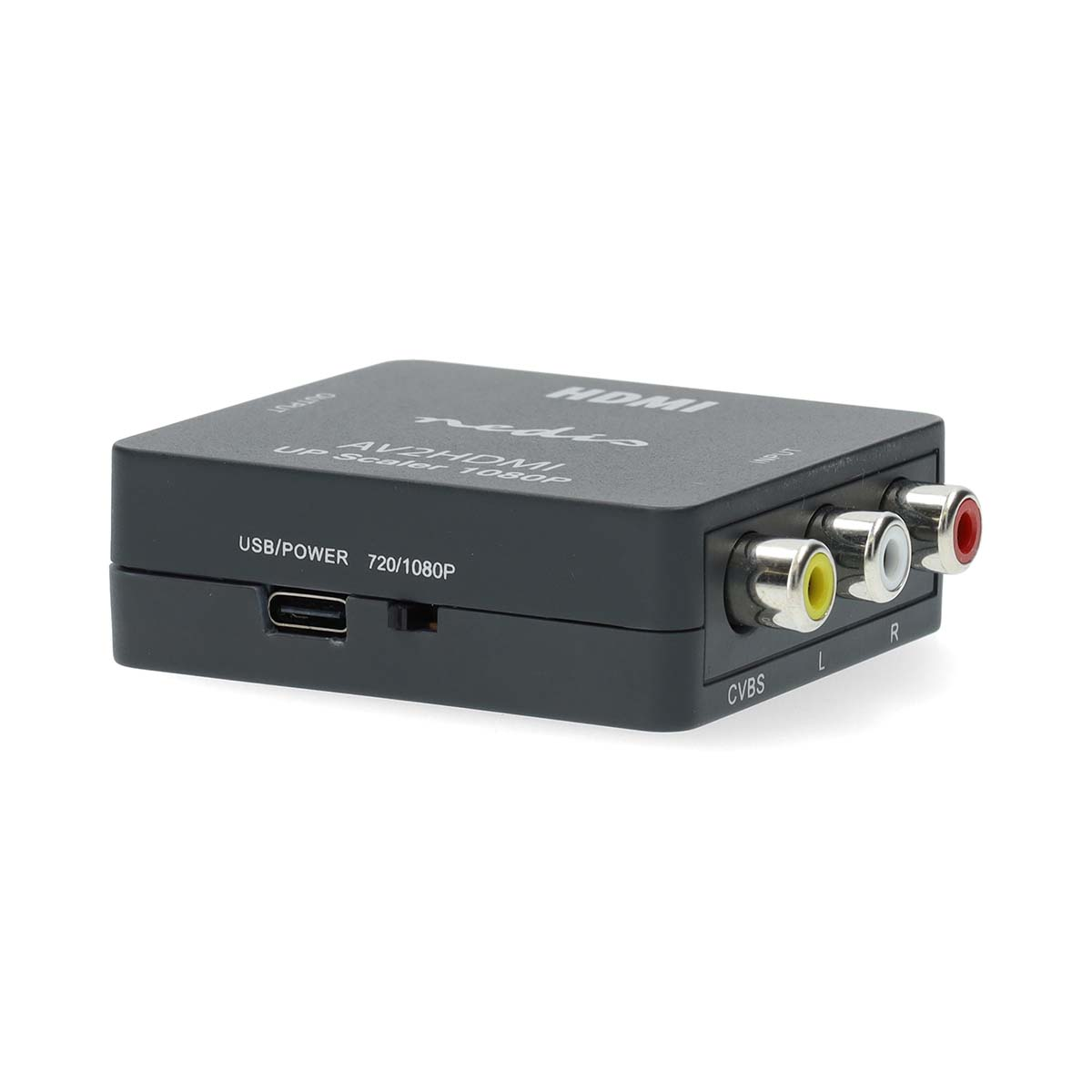 Ein schwarzer HDMI-zu-AV-Konverter mit USB-Anschluss und CVBS-Eingängen.