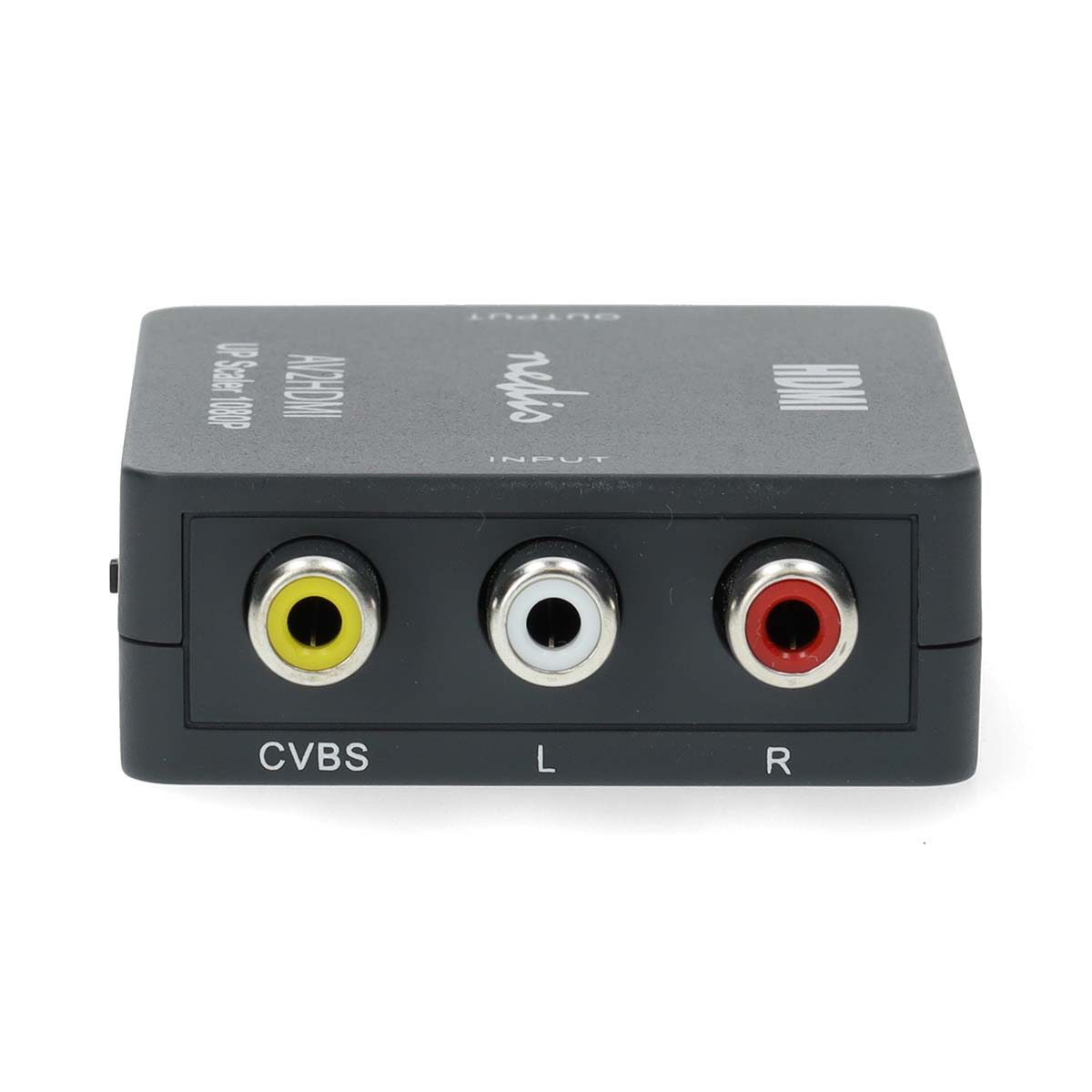 Ein schwarzer HDMI zu CVBS-Konverter mit gelben, weißen und roten Anschlüssen.