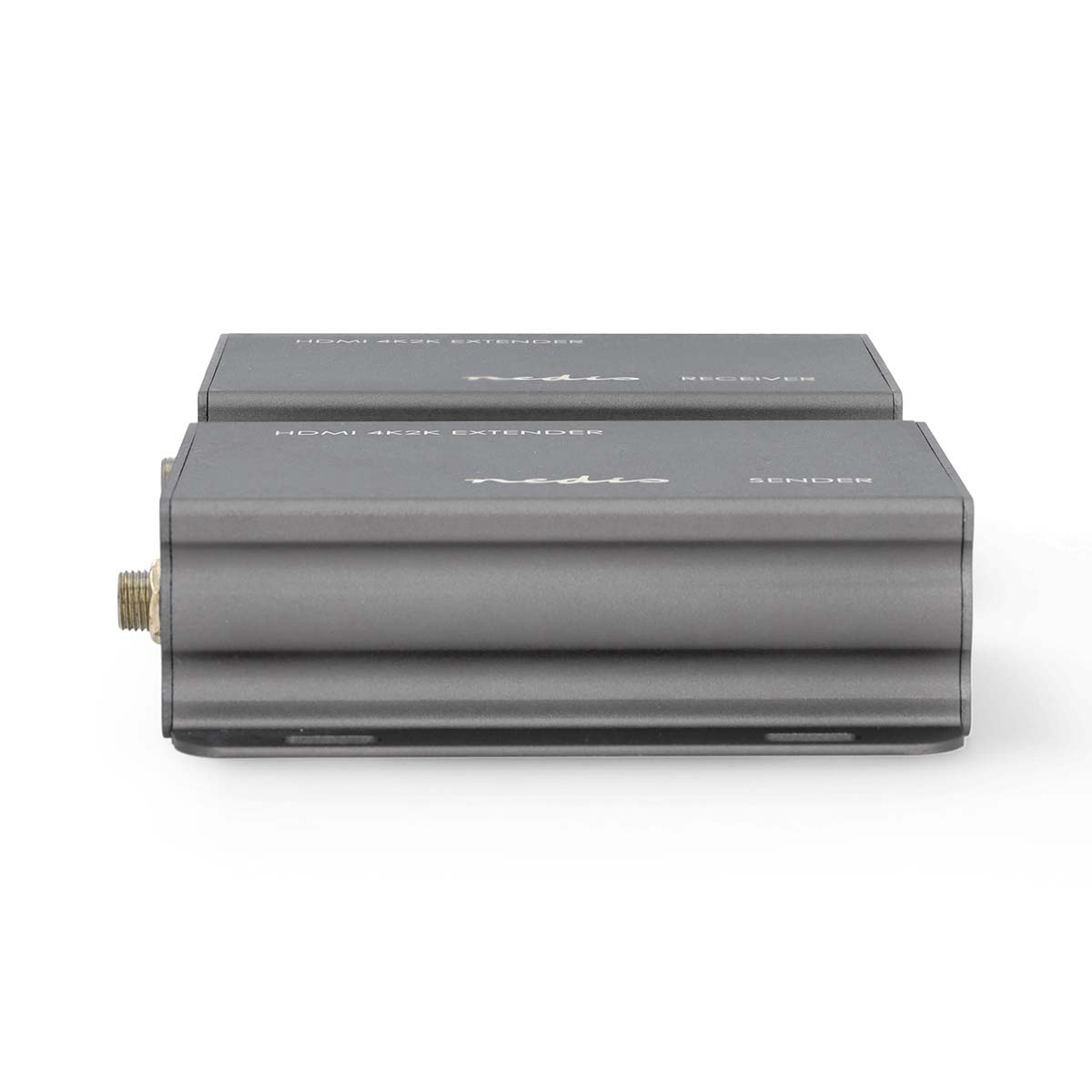 Zwei graue HDMI 4K2K Extender-Einheiten, Sender und Empfänger, nebeneinander.