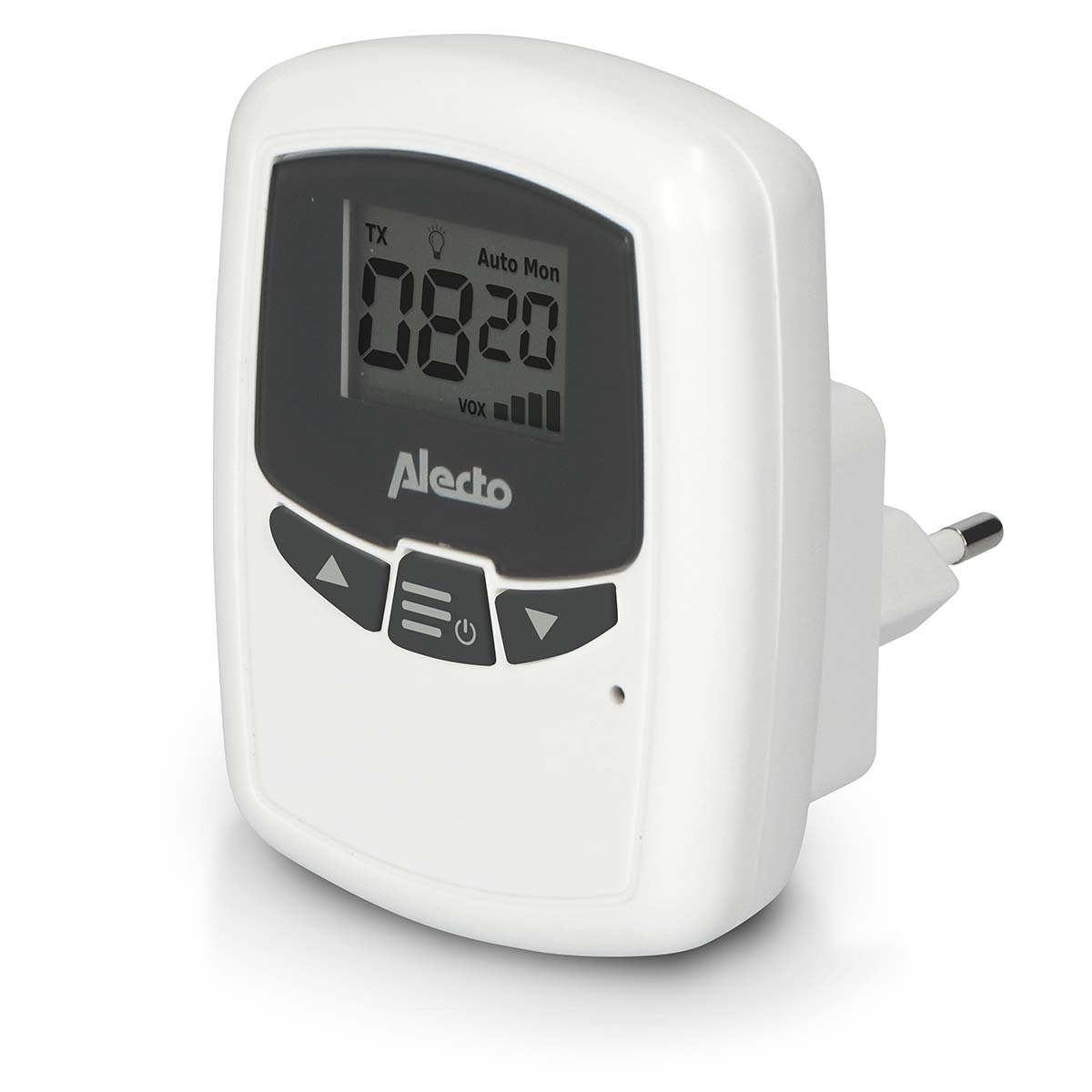 A white Alecto baby monitor transmitter with a digital display showing "0820".