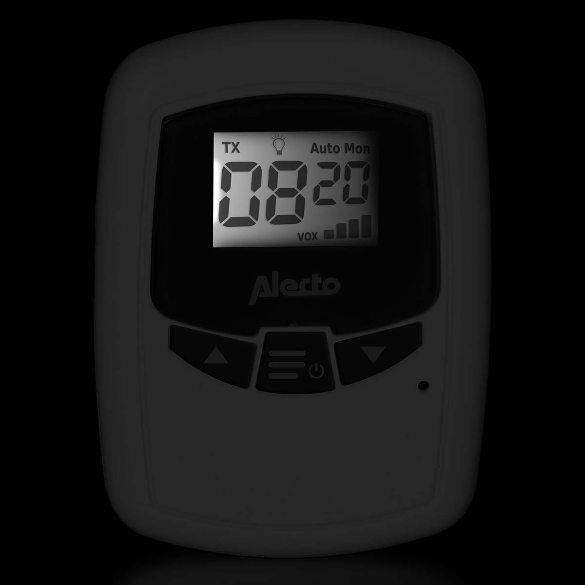 Alecto baby monitor screen shows 08:20, TX, Auto Mon, VOX, and battery level.