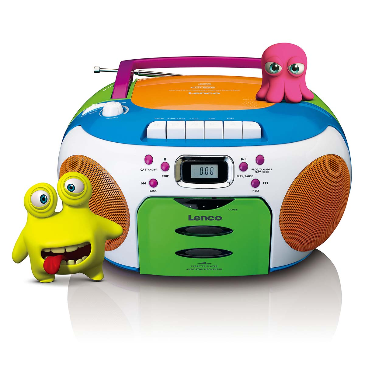 Reproductor CD Lenco colorido con pletina de casete, monstruo amarillo y pulpo rosa.