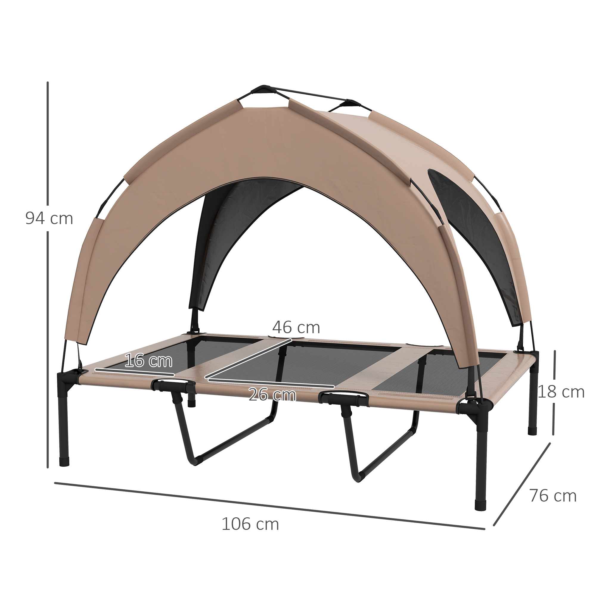Una cama de camping beige con dosel, se indican las dimensiones.
