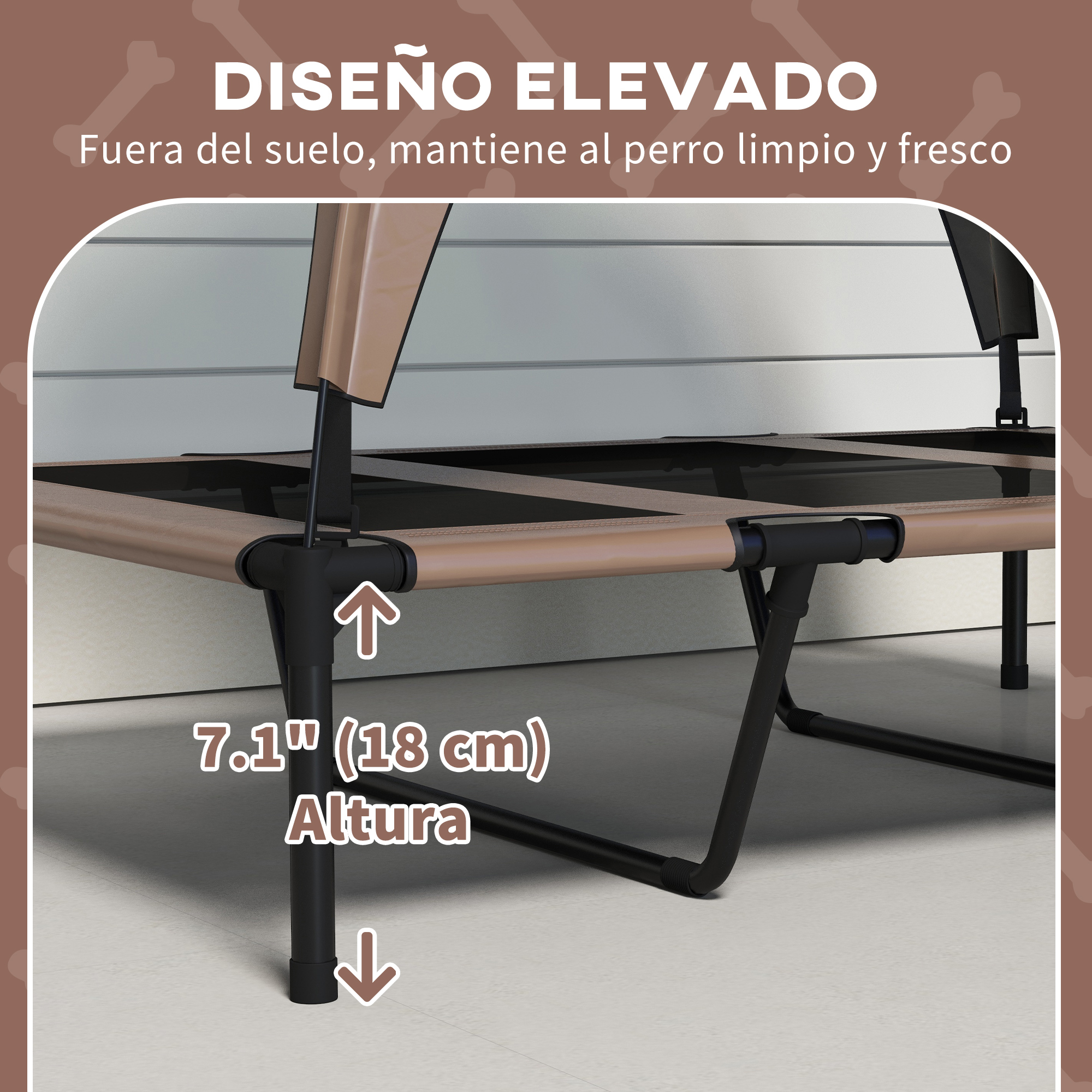 Cama elevada para perros de tela color canela, marco negro, altura 18 cm.