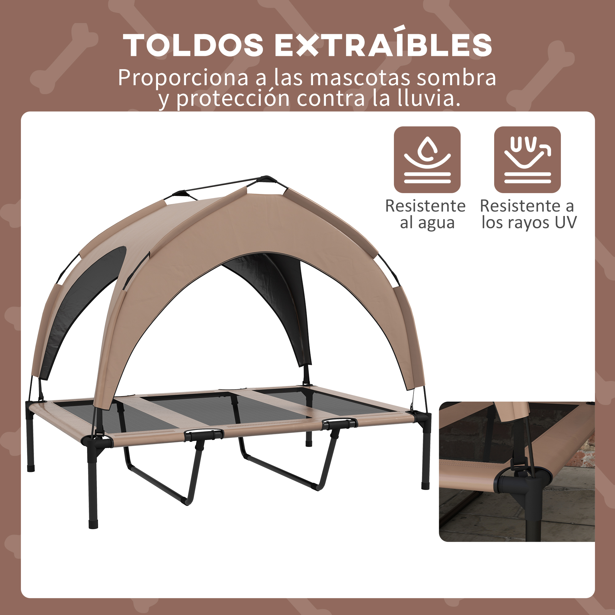 Una carpa para mascotas color canela con tela de malla y marco negro.