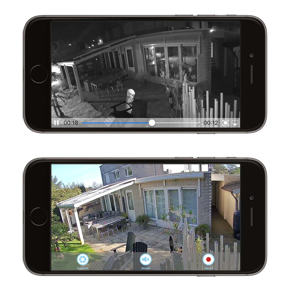 Zwei iPhones zeigen Überwachungskamerabilder: oben Nachtsicht, unten Tag.