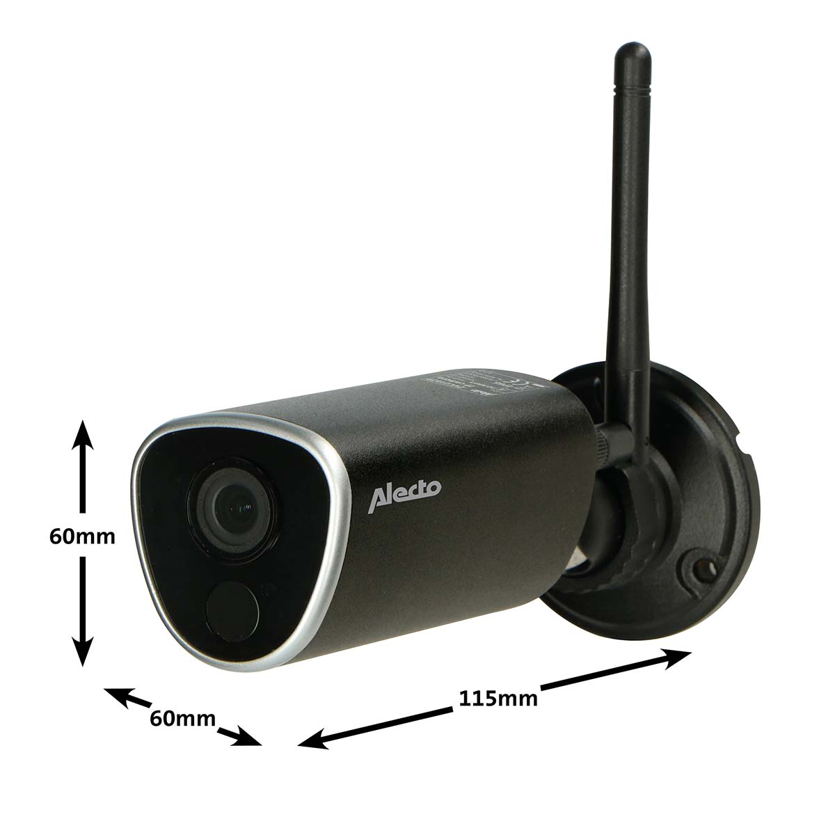 Schwarze Alecto Überwachungskamera mit Antenne und Maßangaben.