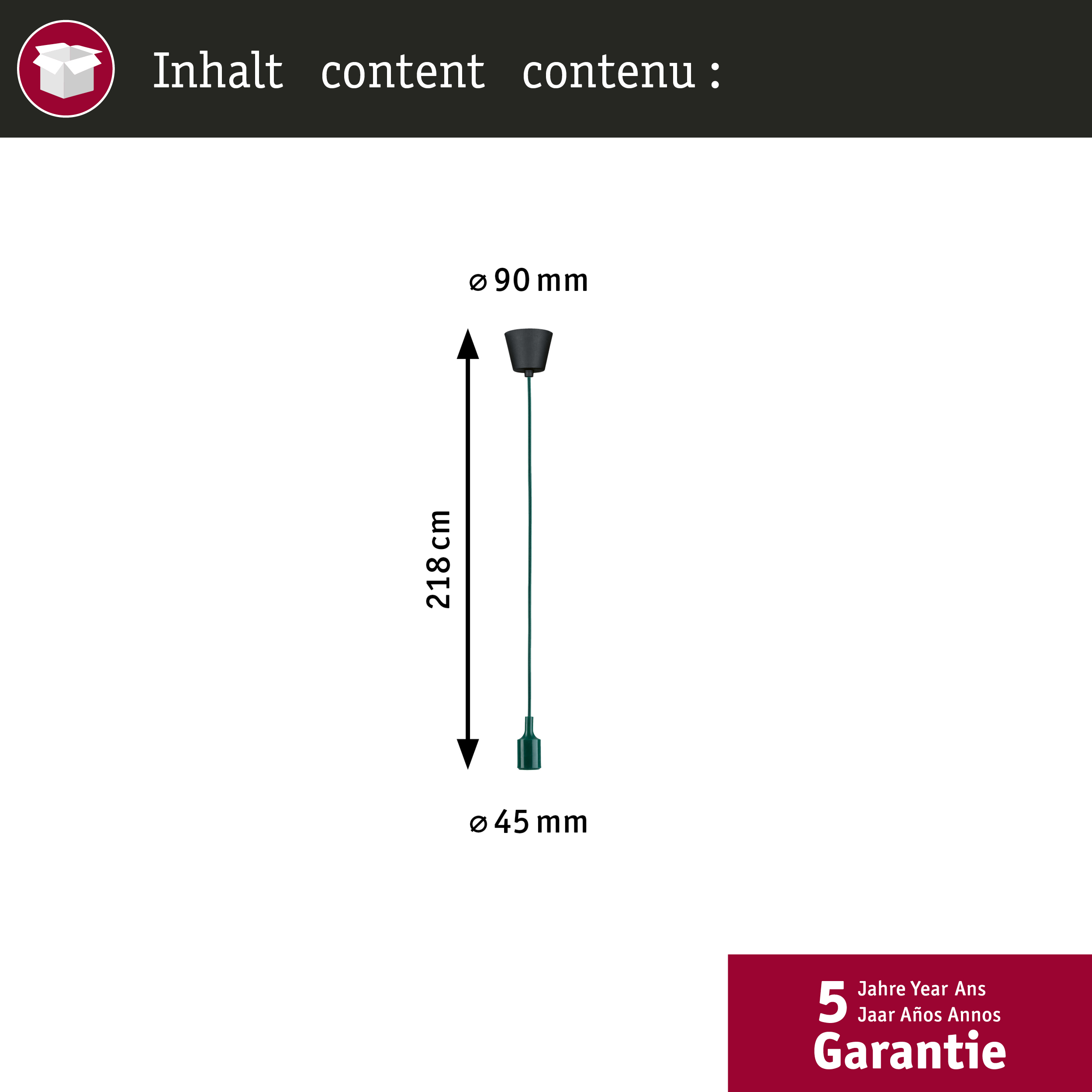 Ein schwarzes Pendelaufhängungsset mit Maßen Ø 90 mm und 218 cm Länge.