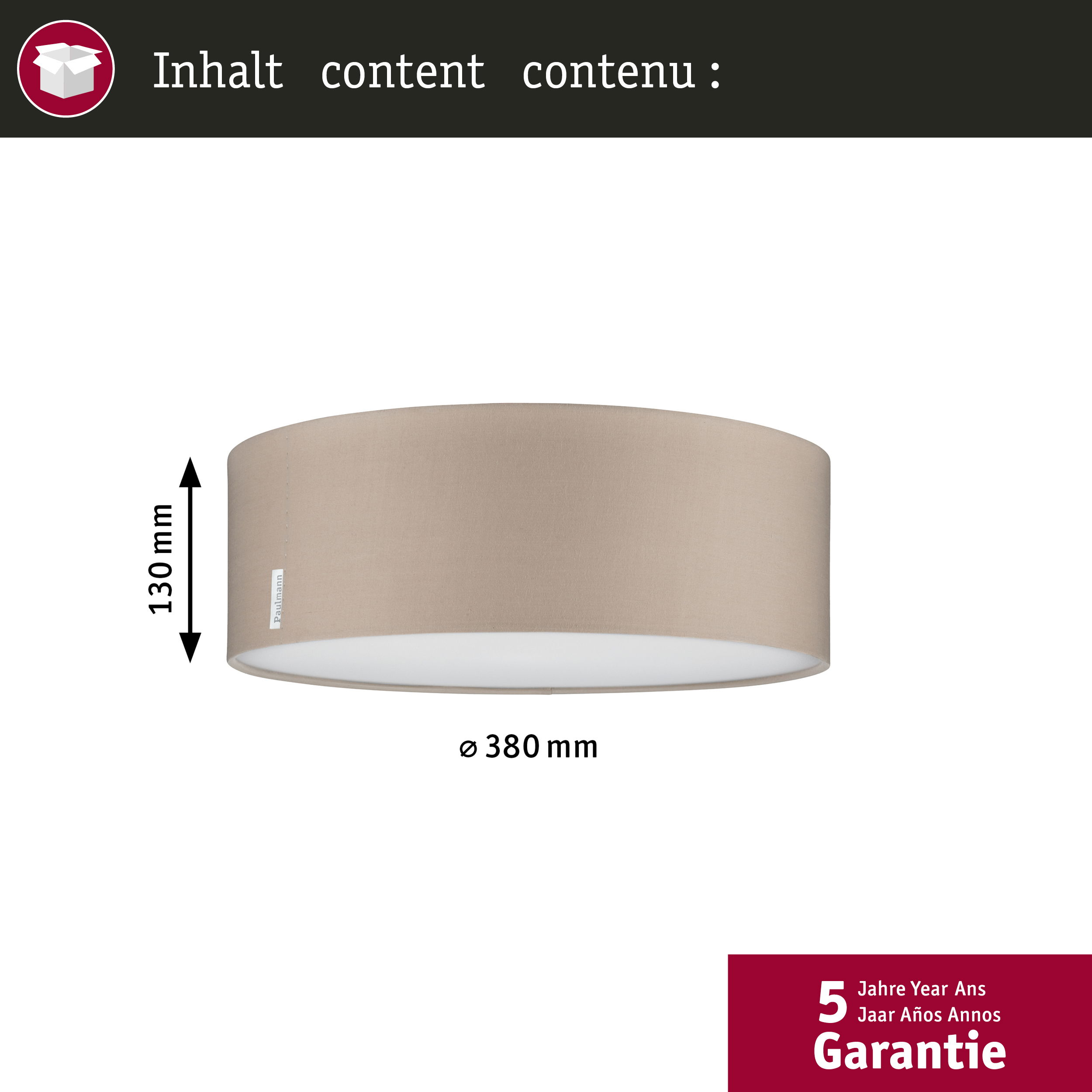 Beżowy klosz lampy o wysokości 130 mm i średnicy 380 mm.