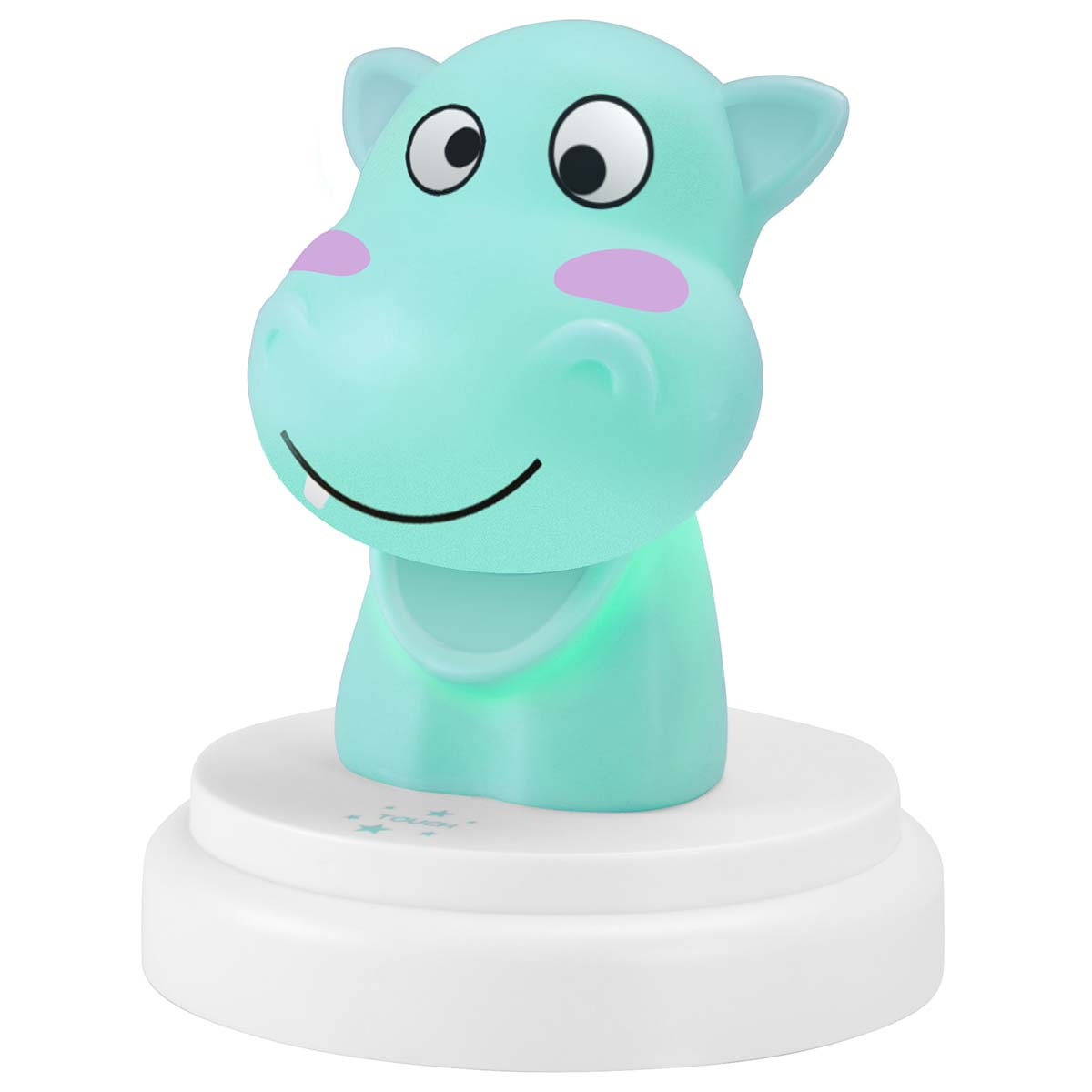 Ein türkiser Hippo-Nachtlicht auf einem weißen Sockel.
