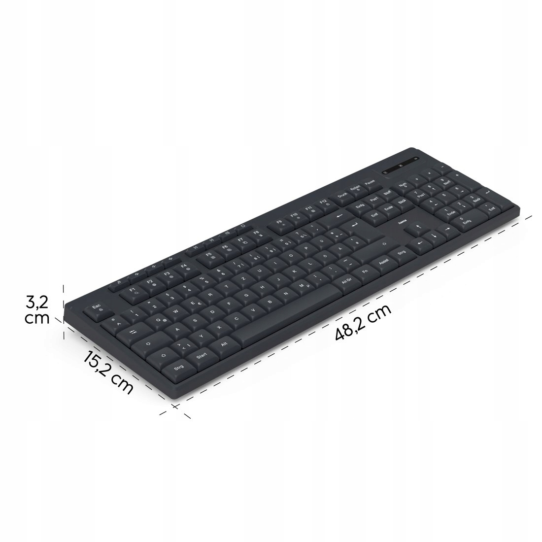 Un teclado negro de 48,2 cm x 15,2 cm x 3,2 cm.
