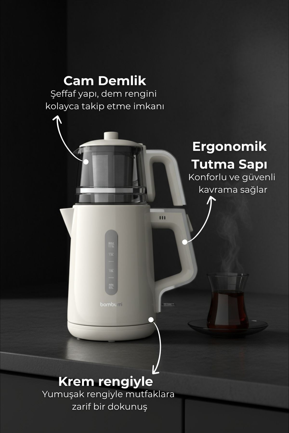 BAMBUM Bambum Force  Cam Demlikli Çay Makinesi Krem