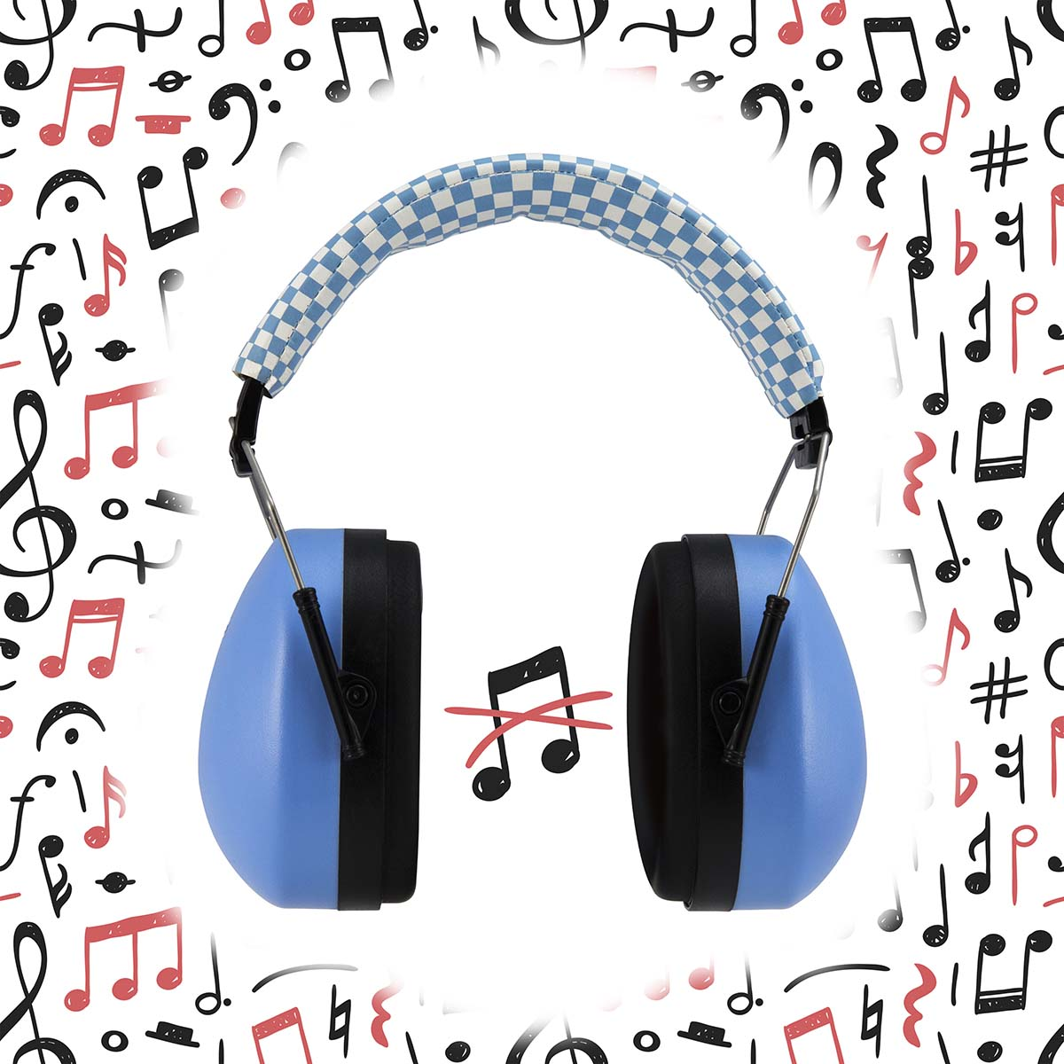 Niebieskie słuchawki z wzorzystym pałąkiem na tle nut.