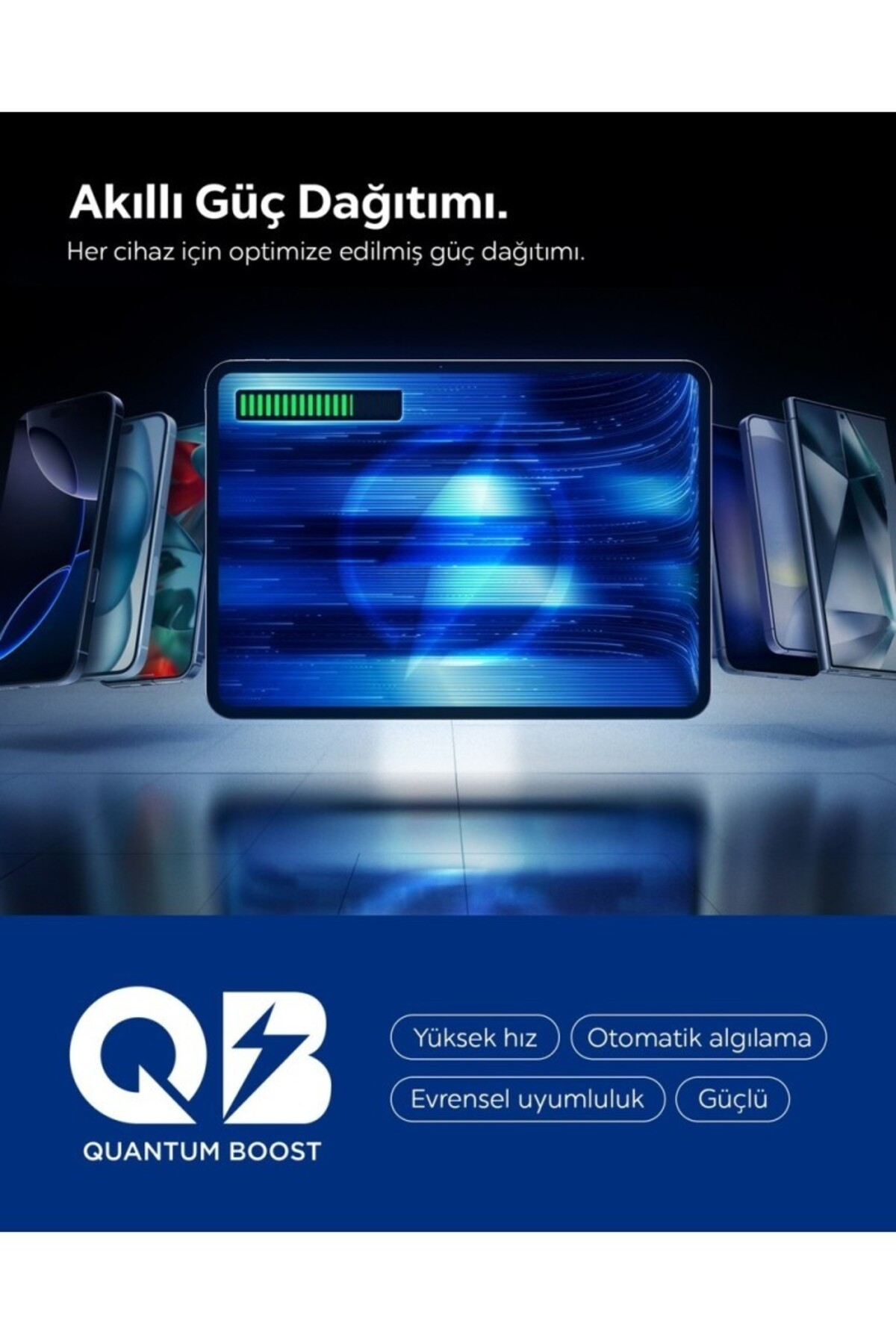 Birden çok akıllı telefon şarj oluyor, merkezi bir ekran pil göstergesi sunuyor.