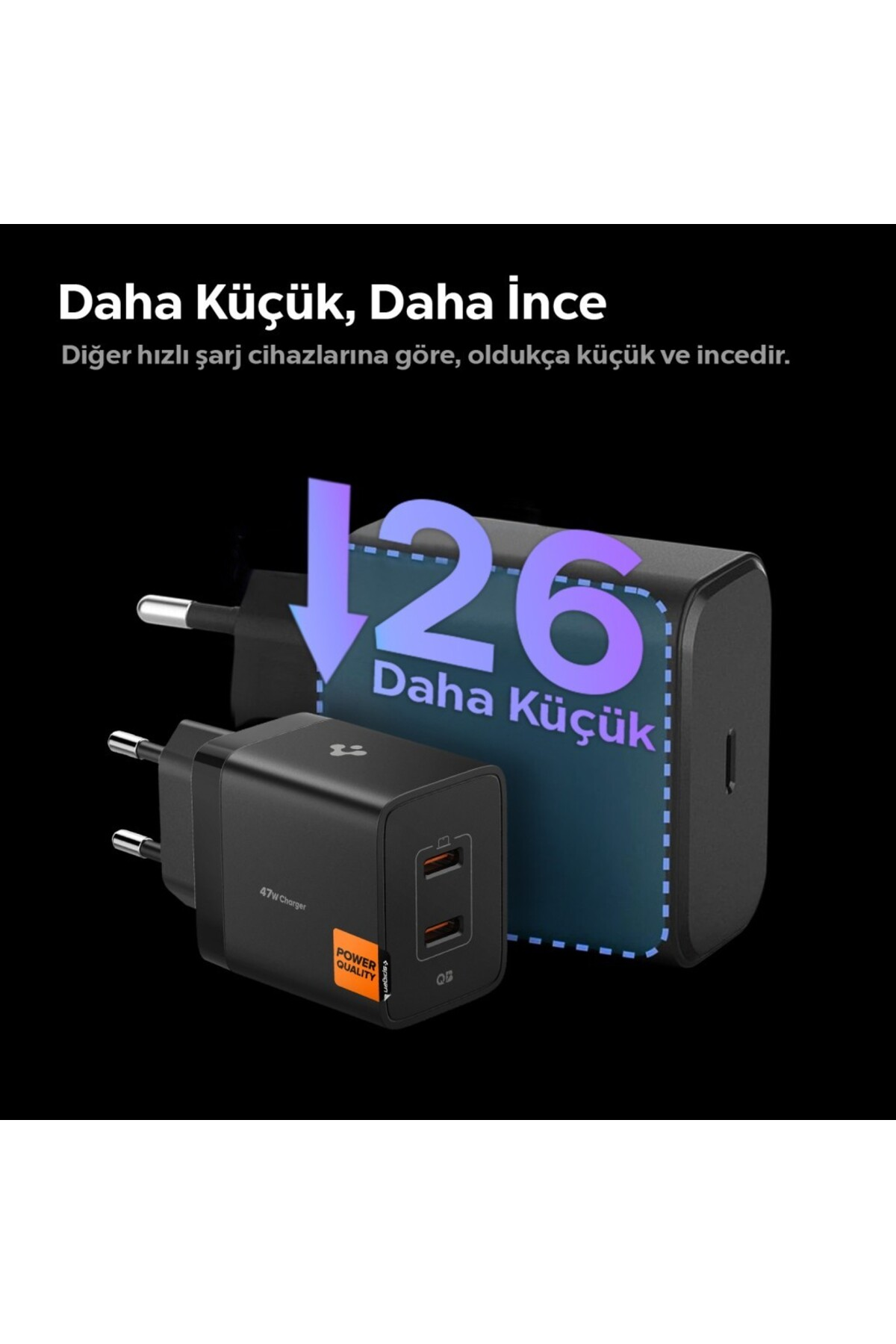 İki adet çift USB portlu siyah şarj cihazı, biri diğerinden daha küçük.
