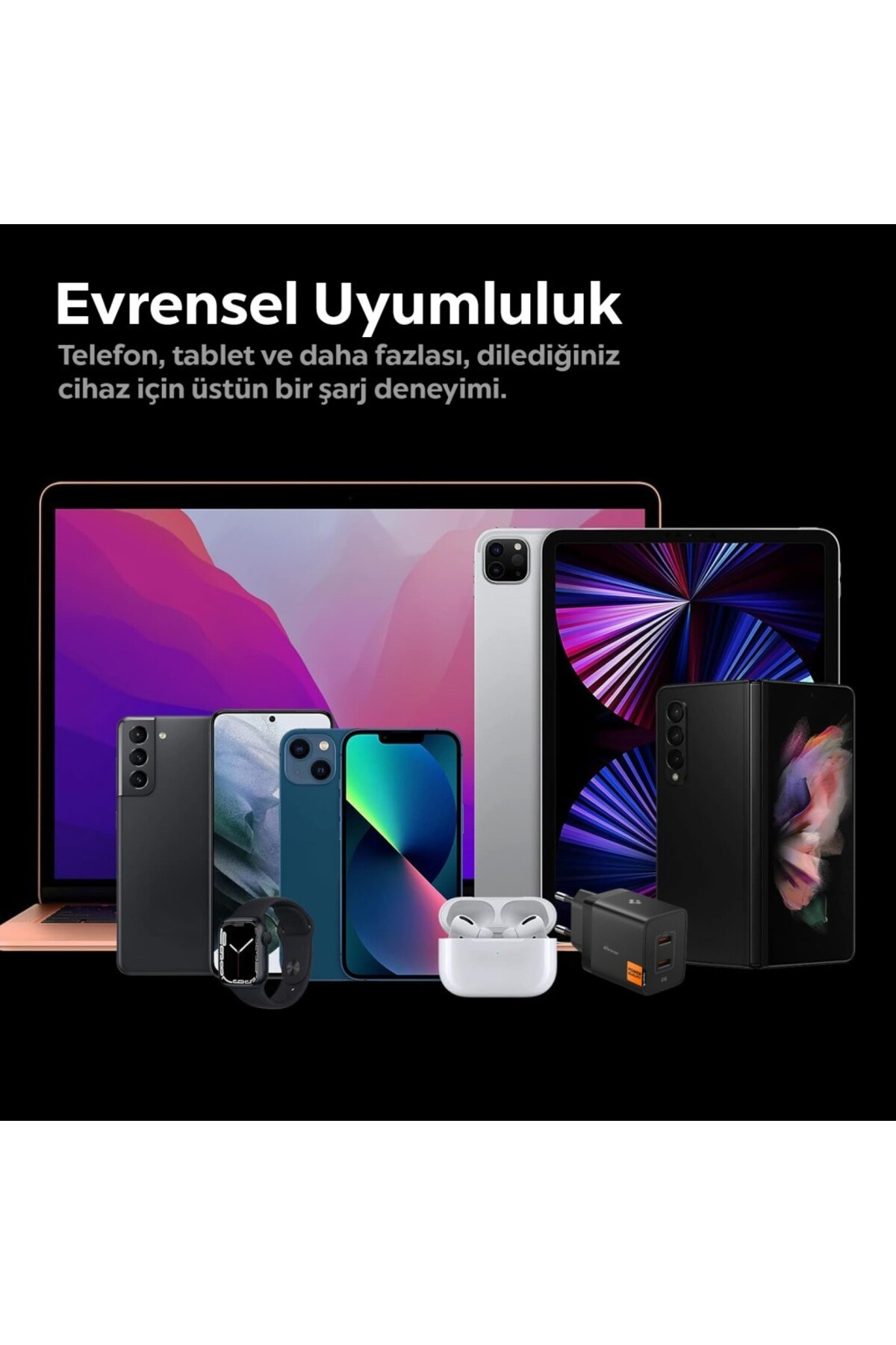 Çeşitli Apple cihazları: dizüstü bilgisayar, akıllı telefonlar, akıllı saat, kulaklık, şarj cihazı, katlanabilir telefon.