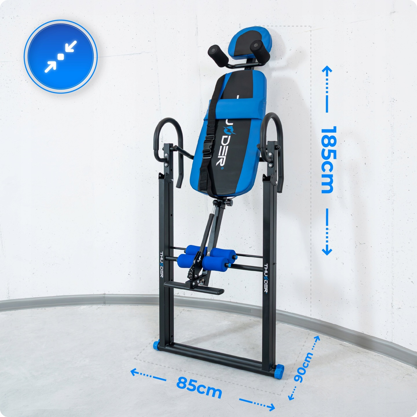 Niebiesko-czarny stół inwersyjny o wymiarach 185x90x85cm.