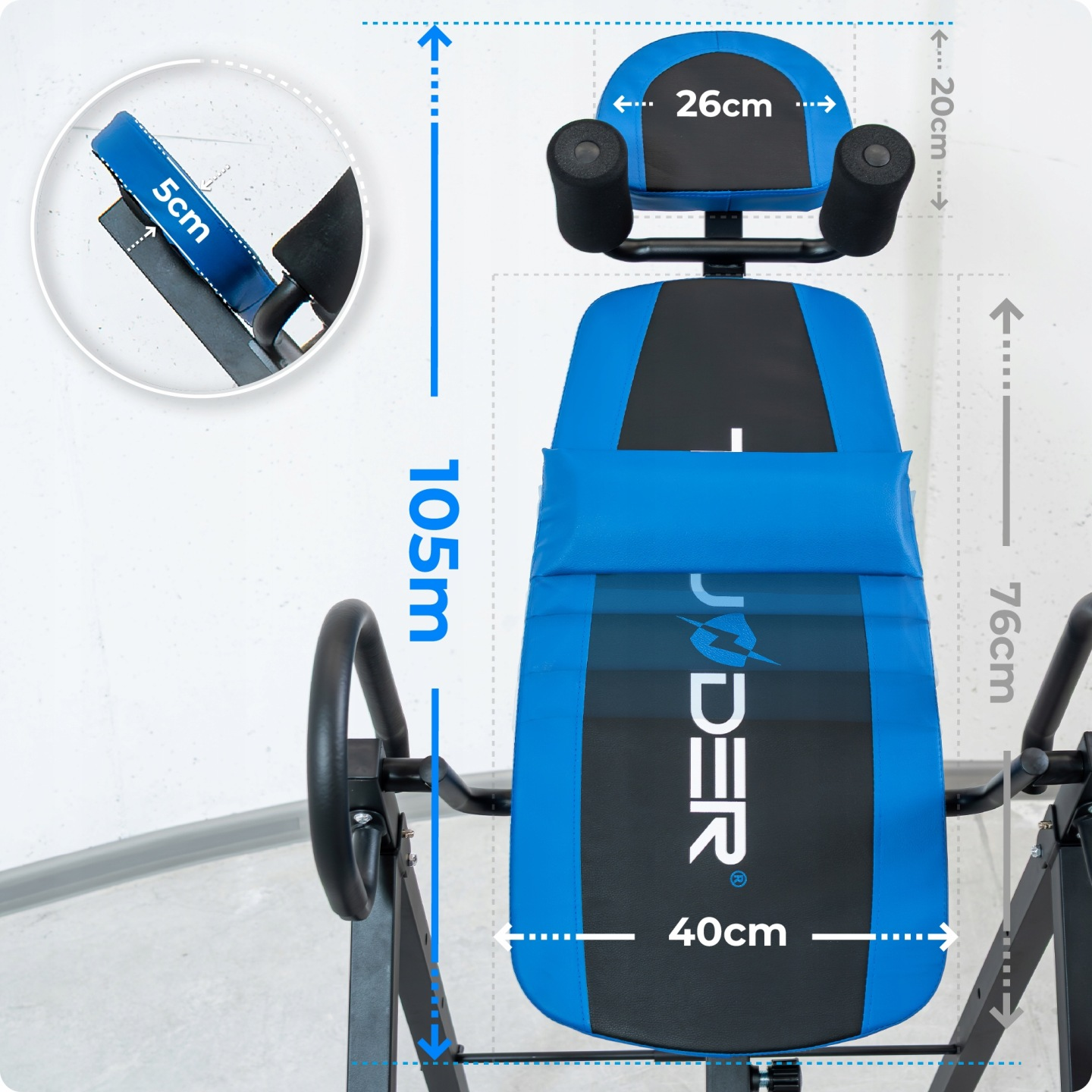 Niebieski i czarny stojak inwersyjny z wymiarami: 105cm wysokości, 26cm szerokości.