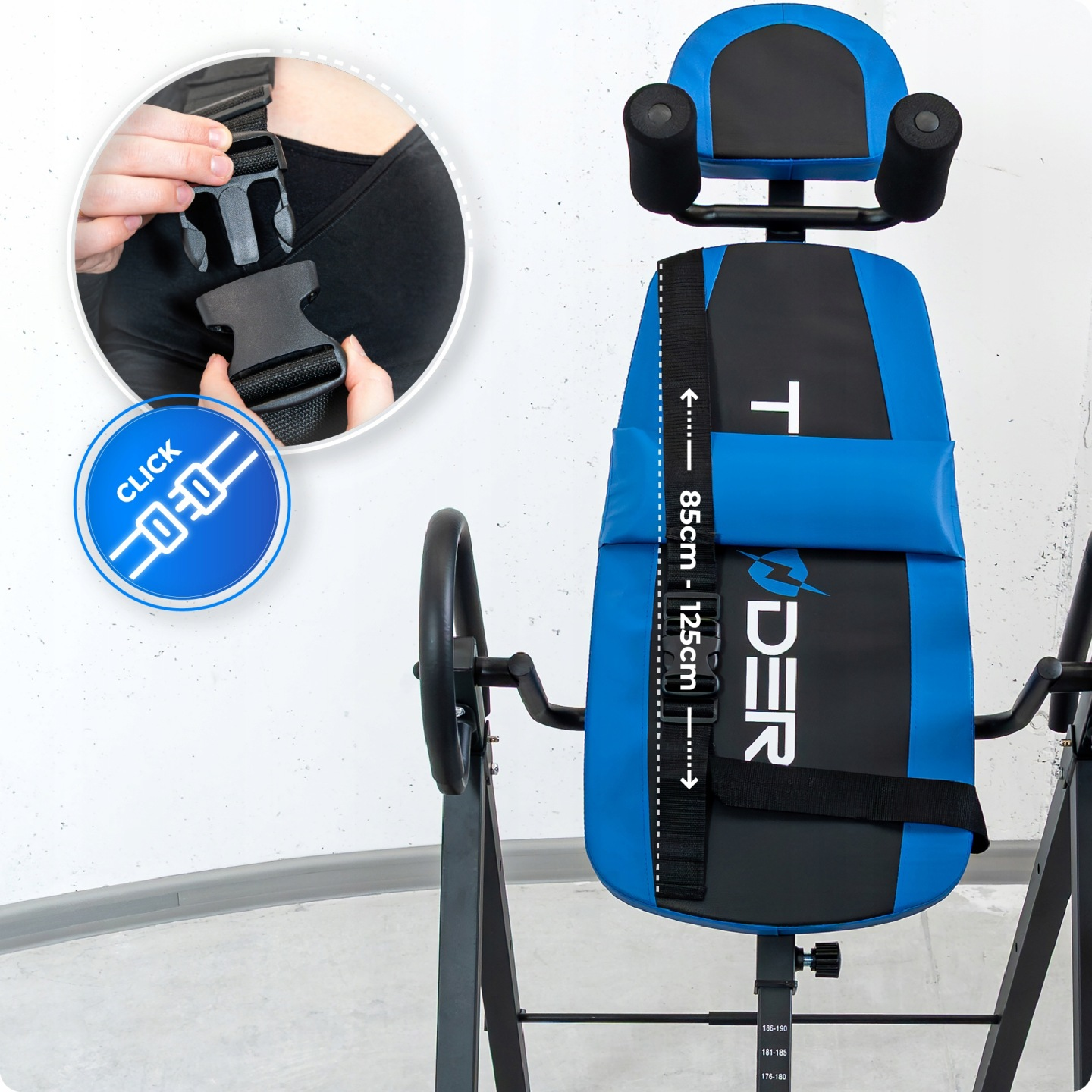 Niebiesko-czarna drabina inwersyjna z paskiem i oznaczeniami regulacji.